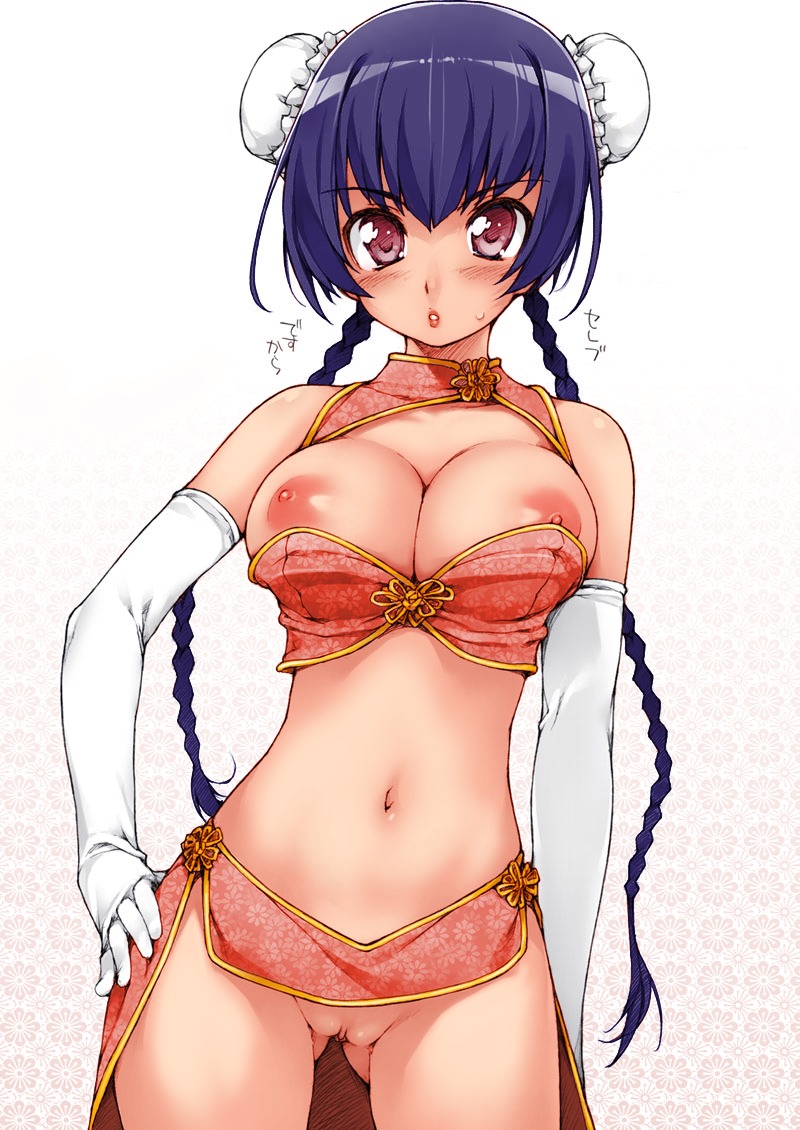 areola areolae breasts exposed_breasts exposed_pussy female gloves gundam gundam_00 large_breasts no_bra no_panties partially_clothed purple_hair pussy rule34 wang_liu_mei