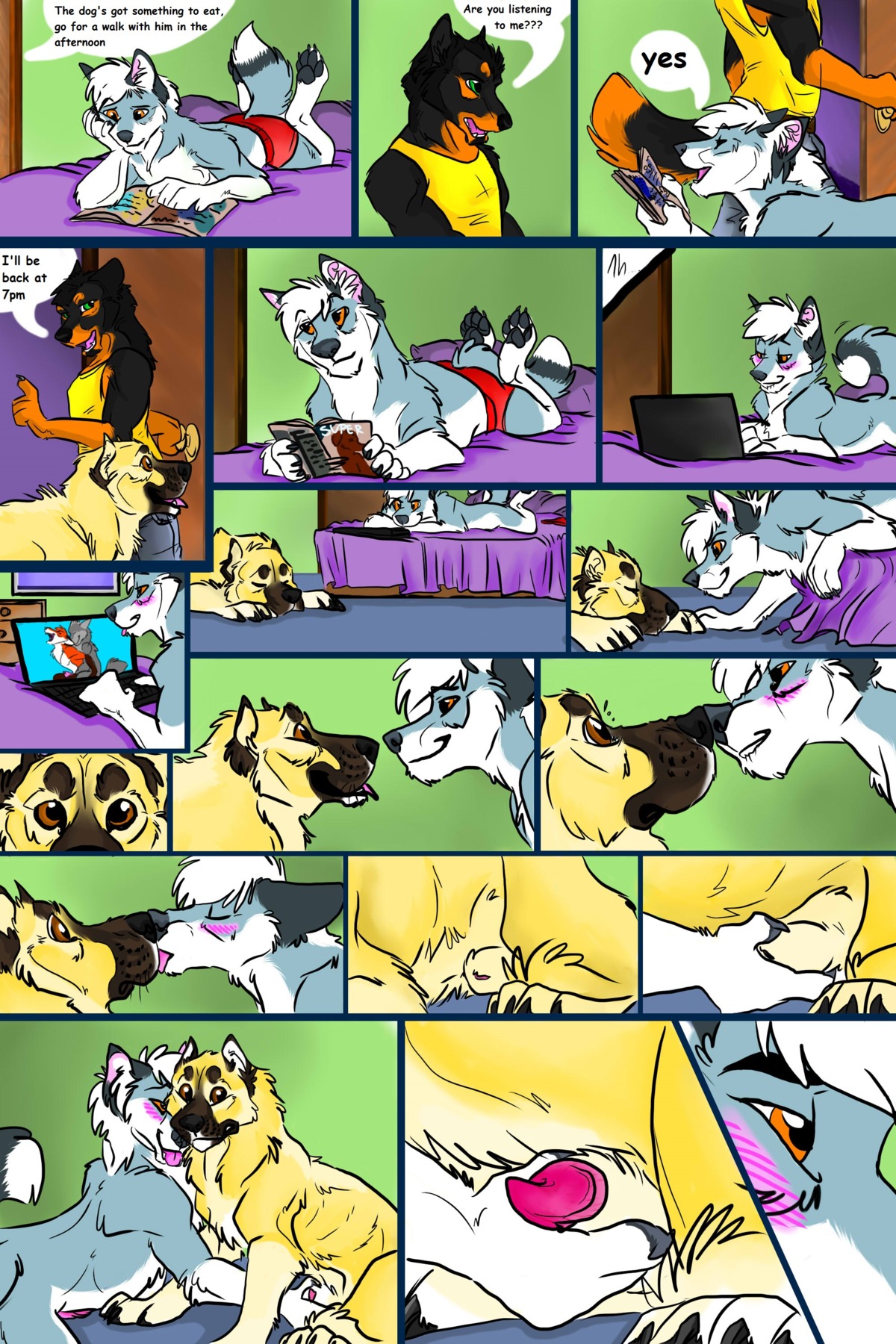 2:3 absurd_res adam_(patrikthedog) animal_genitalia anthro anthro_on_feral bed bestiality blush book boxers_(clothing) canid canine canis claws clothing comic computer dialogue domestic_dog e621 electronics english_text erection eyes_closed feral fully_sheathed furniture genitals green_eyes group group_sex hair hi_res interspecies kissing laptop licking lying male male/male mammal multiple_scenes open_mouth orange_eyes oscar_(patrikthedog) otis_(patrikthedog) patrikthedog paws penis penis_tip sex sheath teeth text tongue tongue_out underwear white_hair