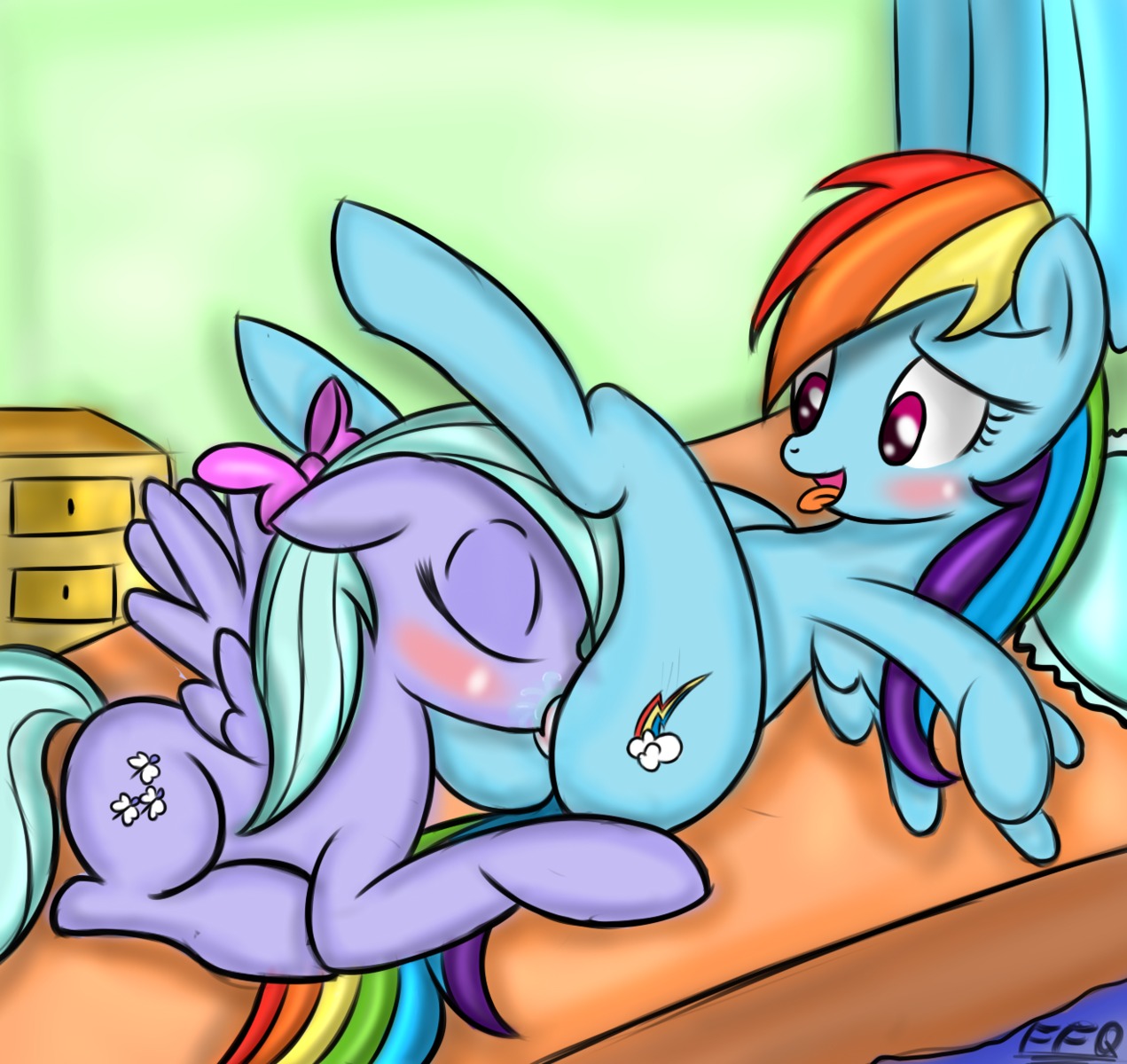 accessory bed blue_body blue_feathers blue_fur blush bodily_fluids bow_(feature) bow_accessory bow_ribbon centered_hair_bow cunnilingus cutie_mark duo e621 equid equine eyes_closed feathered_wings feathers female female/female feral flitter_(mlp) freefraq friendship_is_magic fur furniture genital_fluids genitals hair hair_accessory hair_bow hair_ribbon hasbro hi_res legs_up lying mammal multicolored_hair multicolored_tail my_little_pony mythological_creature mythological_equine mythology on_back on_bed oral pegasus purple_eyes rainbow_dash_(mlp) rainbow_hair rainbow_tail ribbons sex tail tongue tongue_out vaginal vaginal_fluids vulva wing_boner wings