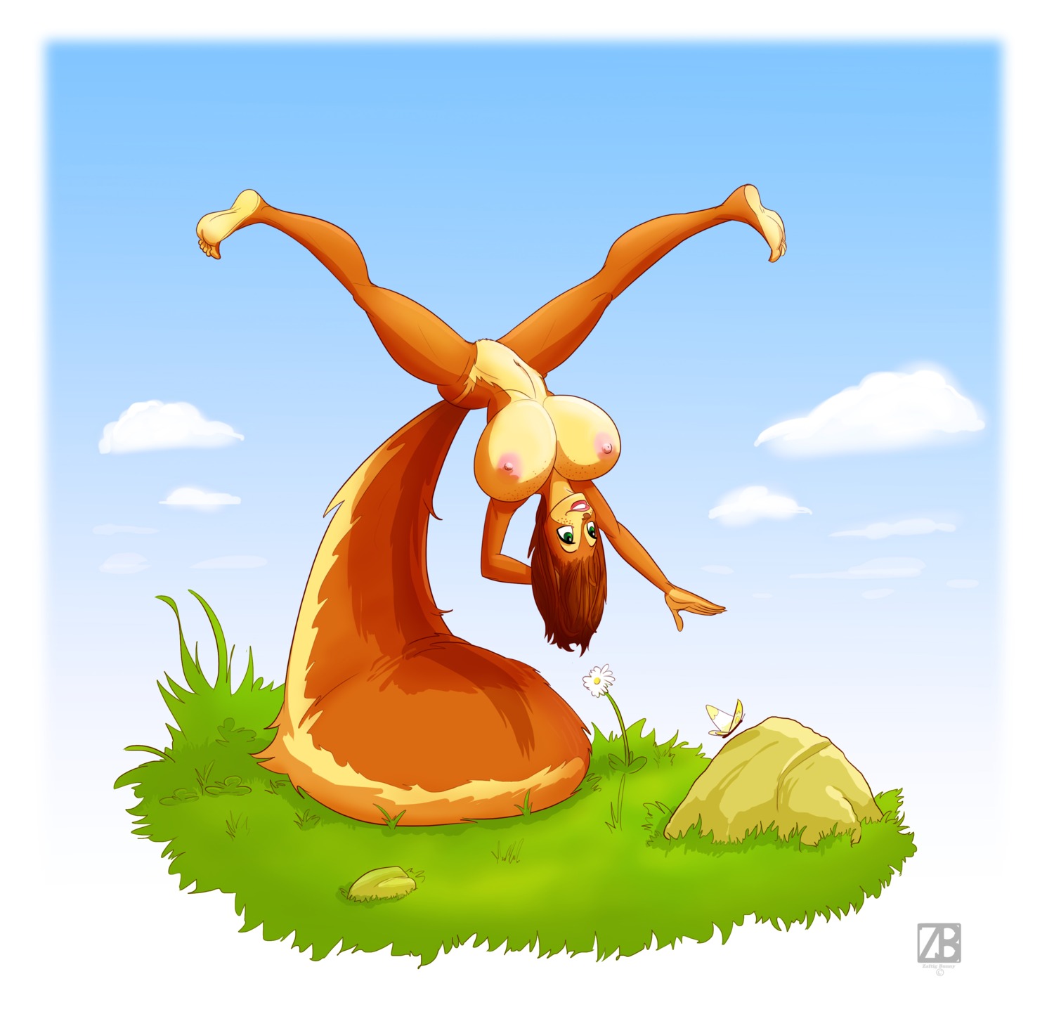 2011 absurd_res ambient_arthropod ambient_butterfly ambient_insect anthro arthropod balancing_on_tail big_breasts big_tail breasts butterfly casual_nudity cloud countershading detailed_ambient_creature duo e621 feet female flower fluffy fluffy_tail freckles grass green_eyes hair hi_res hindpaw huge_breasts insect lepidopteran lips mammal navel nipples nude on_tail orange_body outside paws penny_flynn plant red_hair rock rodent sciurid short_hair sky solo_focus spread_legs spreading tail tan_body tan_countershading tree_squirrel upside_down zaftigbunnypress