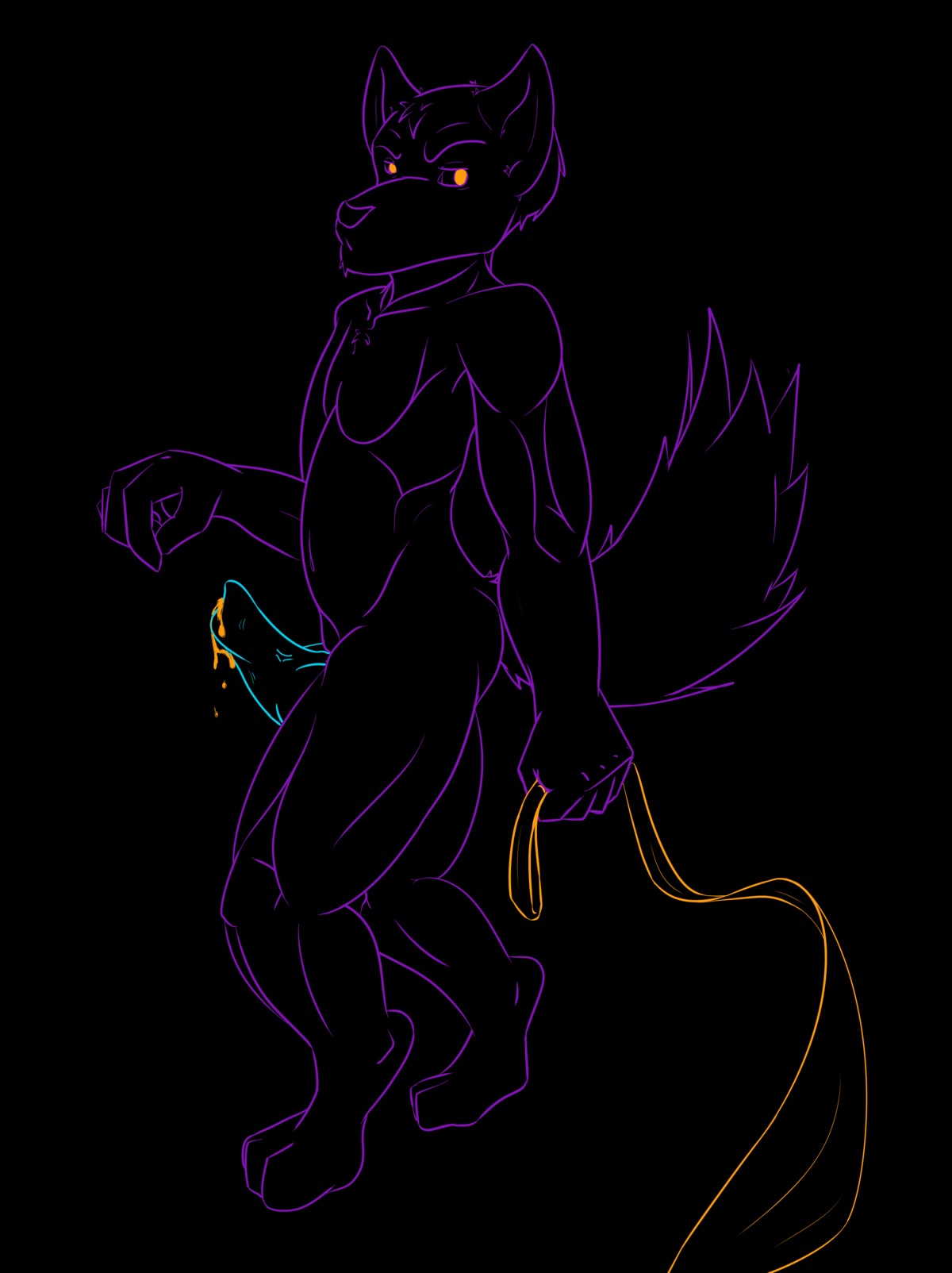 absurd_res anthro bdsm black_background bodily_fluids canid canine canis cum e621 erection genital_fluids genitals hi_res knot looking_at_viewer male mammal muscular muscular_anthro muscular_male nude orange_eyes penis petplay purple_body roleplay sekotta simple_background solo tail unknown_artist wolf