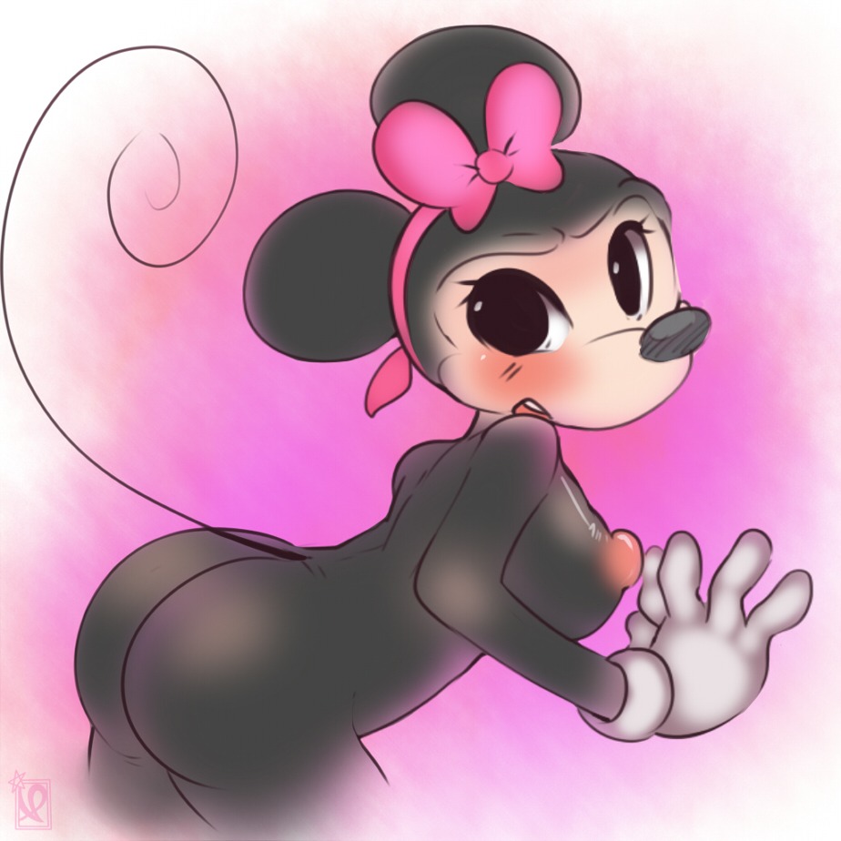 4_fingers alternate_body_type anthro ass bent_over black_fur blush bow breasts female fur furry_ass furry_breasts furry_ears gloves looking_aside mammal minnie_mouse mostly_nude mouse nipples open_eyes open_mouth pale_skin pink_nipples raised_tail rodent round_ears rule34 side_view tail toony yuuri