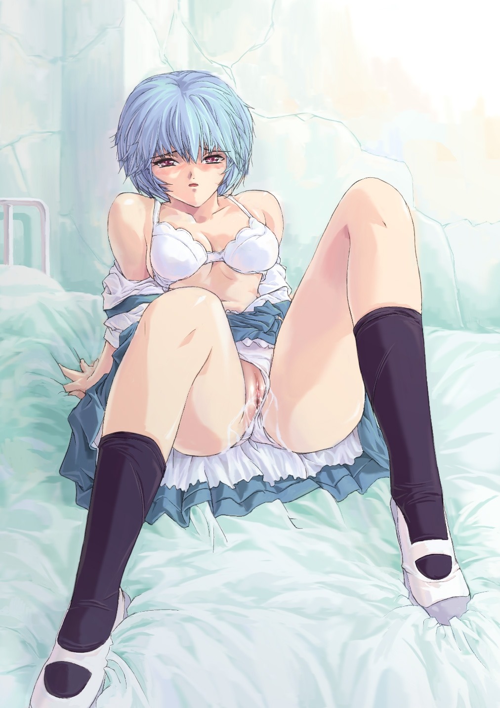bed blue_hair bra clothing female highres lingerie neon_genesis_evangelion orange_peels panties panties_aside pussy red_eyes rei_ayanami rule34 school_uniform smooth_skin uncensored underwear