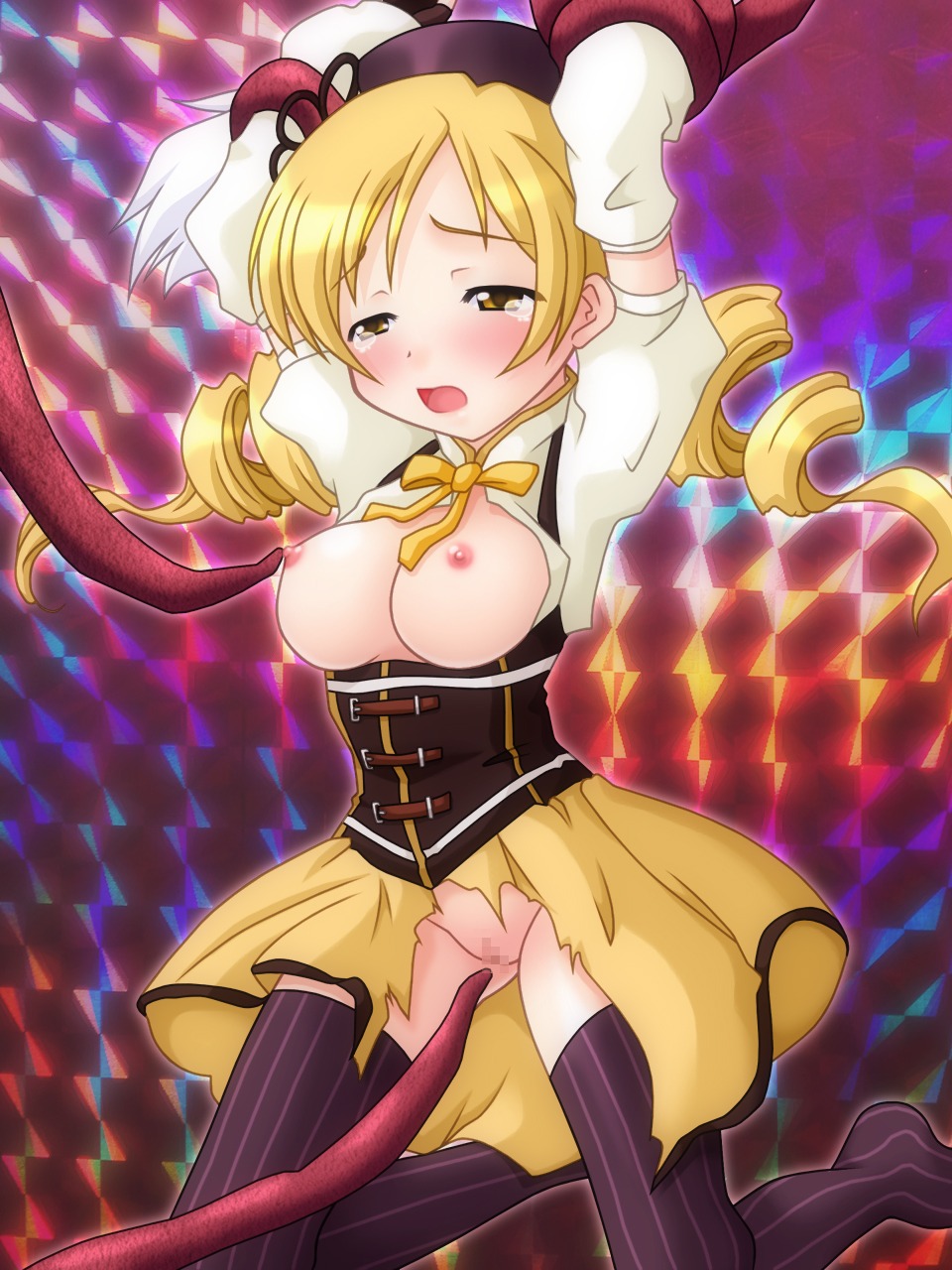 blonde_hair blush breasts count_zero dress female hat highres mahou_shoujo_madoka_magica nipples rule34 tear tentacle tomoe_mami torn_clothes yellow_eyes