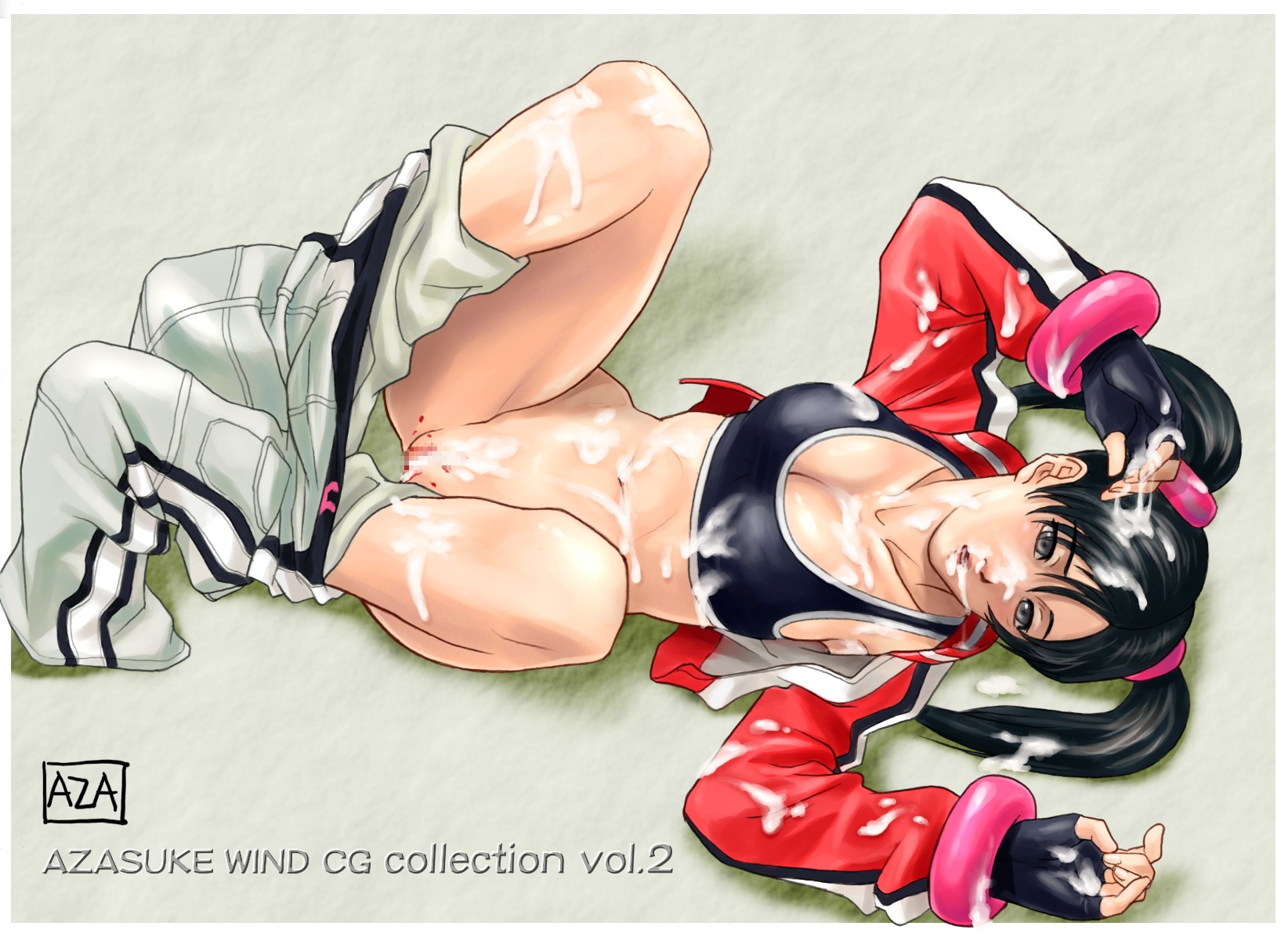 azasuke bikini_top black_hair blush brown_eyes censored female highres ling_xiaoyu no_panties pants_down pussy rule34 tekken tied_hair twintails