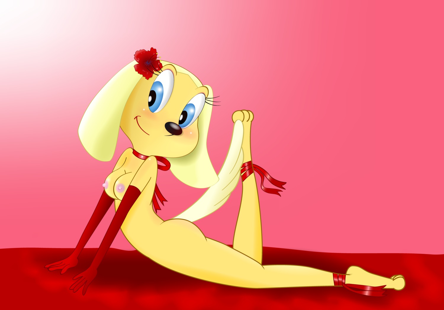 anthro barefoot brandy_&amp;_mr_whiskers brandy_harrington breasts canine disney disney_channel dog female female_only flower fur furry furry_breasts furry_tail gloves hair_flower looking_aside looking_at_viewer mammal nipples pinup raised_tail rule34 side_view smile solo tagme tail toon_disney