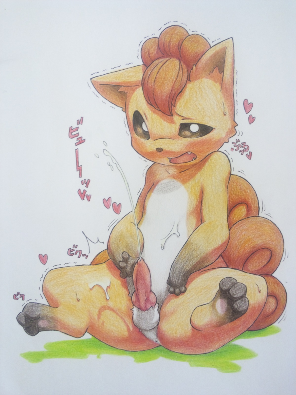 3:4 absurd_res anus balls black_nose bodily_fluids canid canine cum cumshot e621 ejaculation erection fangs feral furemani generation_1_pokemon genital_fluids genitals heart_symbol hi_res japanese_text knot male mammal masturbation multi_tail nintendo open_mouth orgasm orgasm_face penile penile_masturbation penis pokemon pokemon_(species) shaking sitting solo tail teeth text thick_thighs traditional_media_(artwork) vulpix