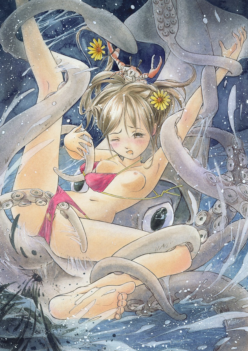 bikini bikini_bottom_pull bikini_top_aside blush breasts brown_hair crab female hair_flower highres marinoe medium_breasts one_eye_closed pink_bikini pixiv_125075 pussy pussy_peek restrained_by_tentacles rule34 spread_legs squid string_bikini stripped_by_tentacles tentacle tentacles_around_arms tentacles_around_legs tentacles_under_clothes undressing