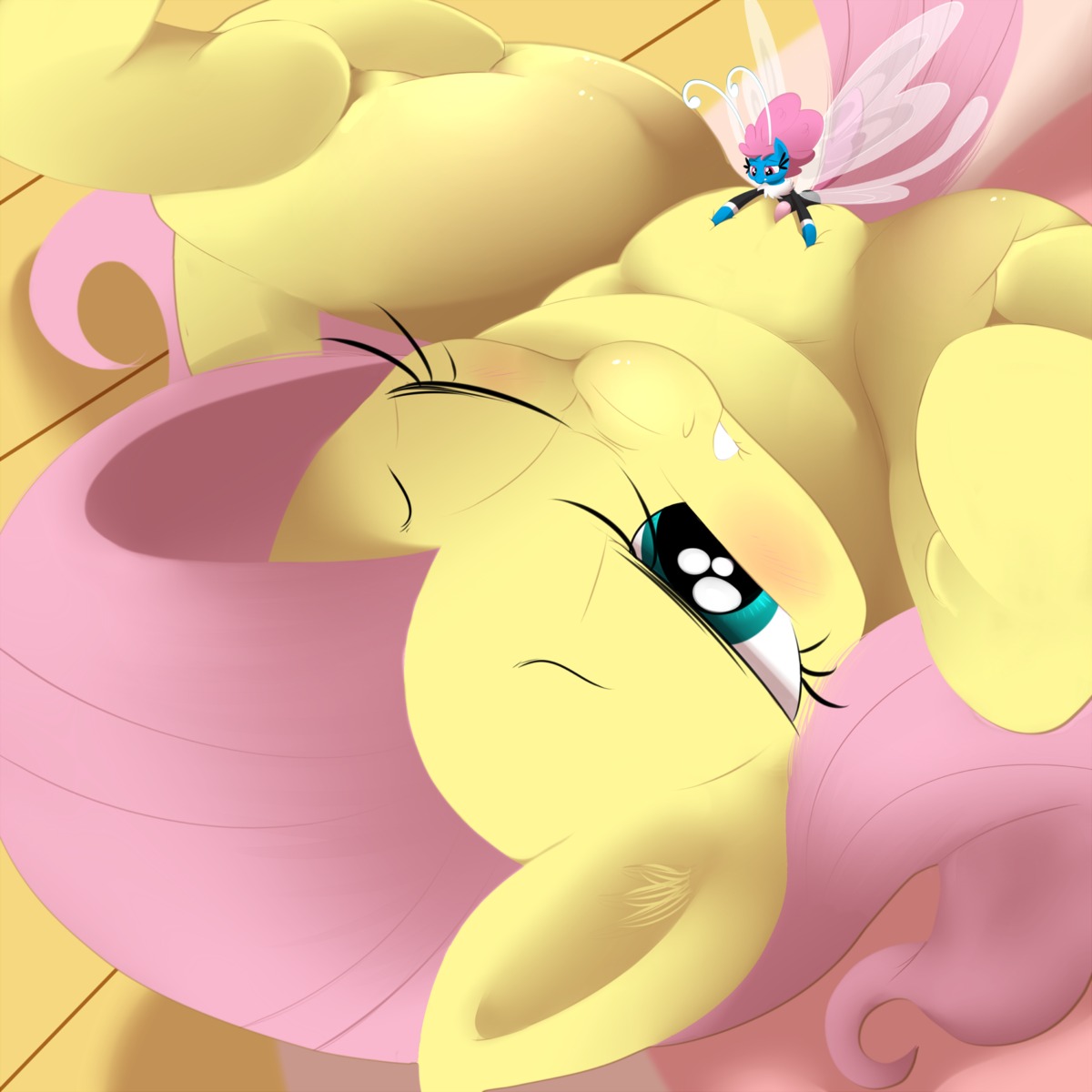 1:1 2014 bite biting_lip biting_own_lip blush breezie_(mlp) duo e621 equid equine fairy female feral fluttershy_(mlp) friendship_is_magic fur genitals hair hasbro hi_res horse insect_wings interspecies larger_female larger_sub lips long_hair lying male male/female mammal micro my_little_pony nude on_back one_eye_closed pink_hair pony seabreeze_(mlp) self_bite sex size_difference smaller_male spread_legs spreading submissive trench-meat vulva wings yellow_body yellow_fur