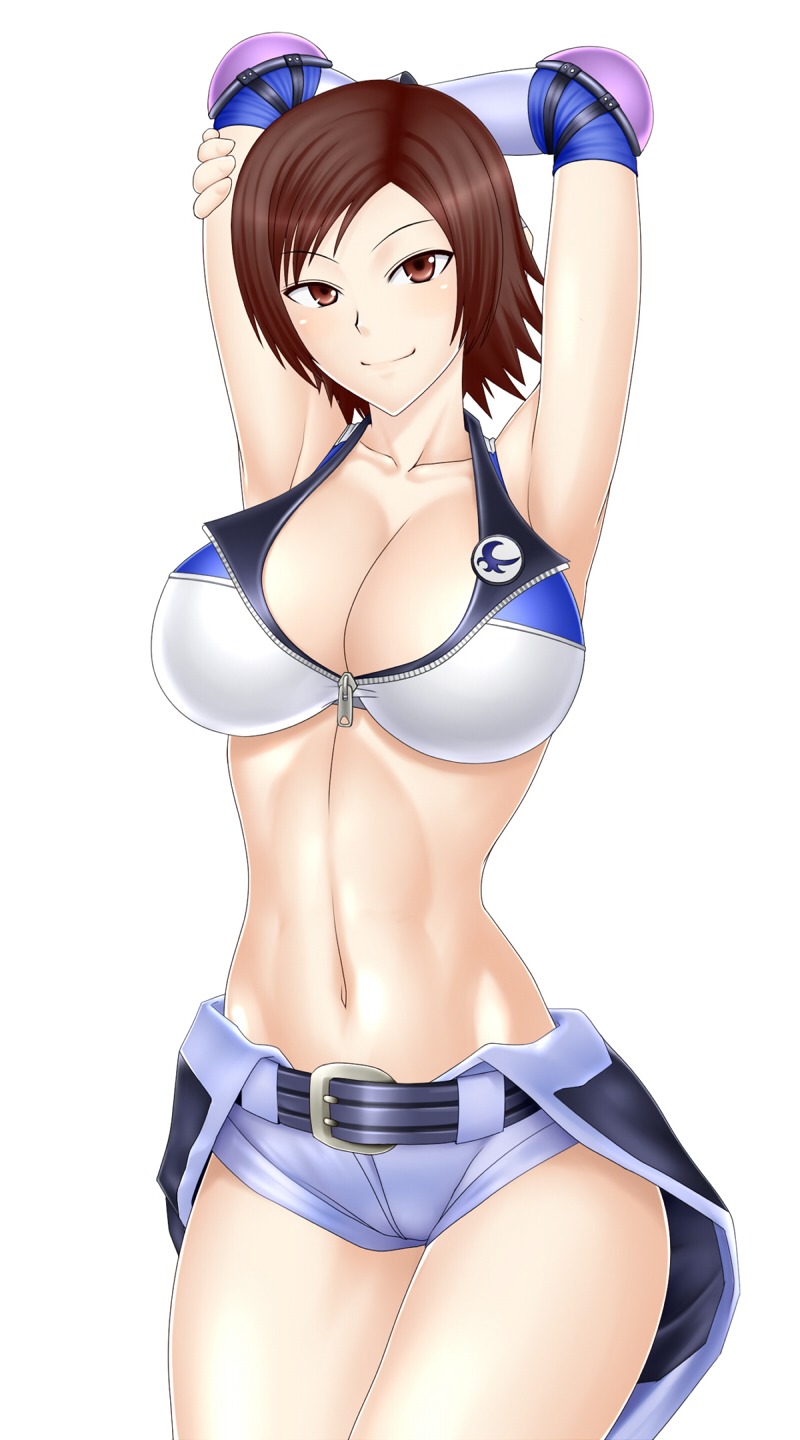 belly_button breasts brown_eyes brown_hair cleavage do_konjouuo elbow_pads female female_only fingerless_gloves gloves hair hairless_armpits human kazama_asuka large_breasts midriff namco rule34 short_hair smile solo tekken