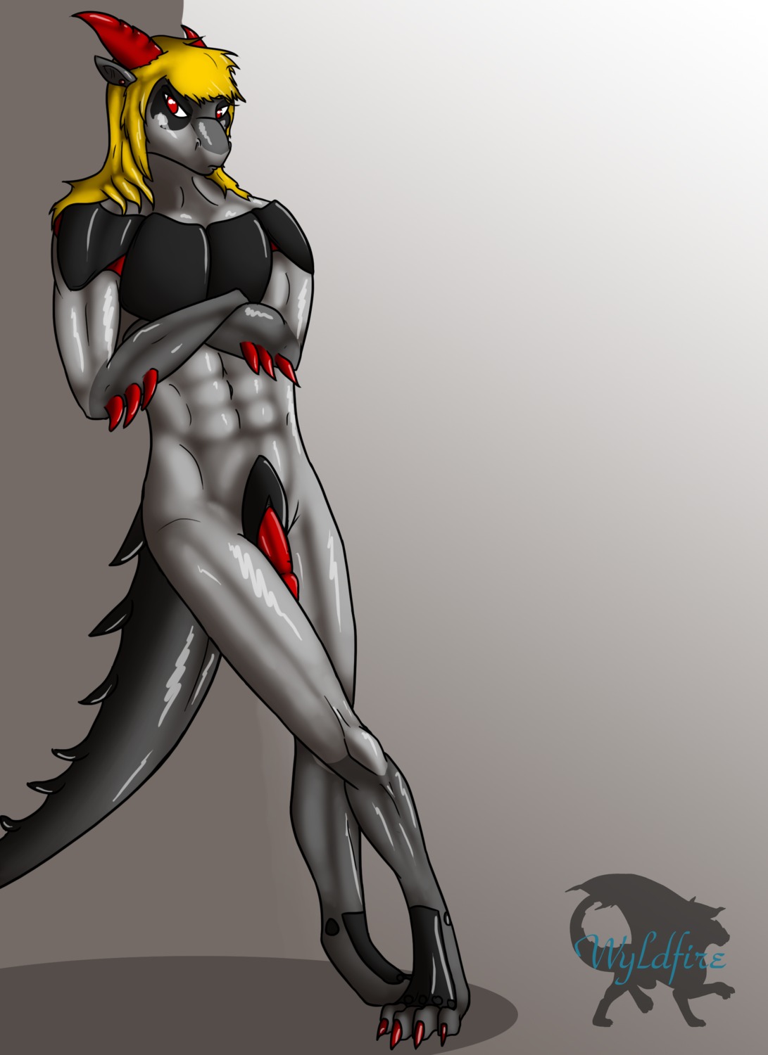 4_toes absurd_res anthro crossed_arms e621 feet flaccid genitals hi_res horn male muscular muscular_anthro muscular_male nude penis red_eyes reptile scalie solo toes unknown_artist