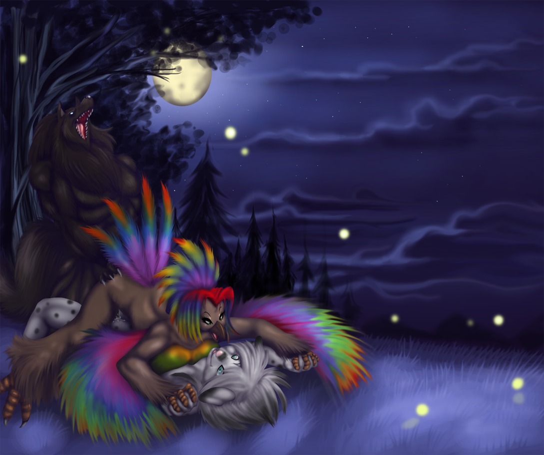 2013 all_fours anthro avian bird bisexual black_body black_fur canid canine canis dalmatian doggystyle domestic_dog e621 feathers female female/female from_behind_position from_front_position fur group group_sex hair interspecies kara_resch lordstevie lying male male/female mammal missionary_position moon multicolored_hair night nude on_back outside rainbow_hair sex spots threesome trio white_body white_fur white_hair wolf