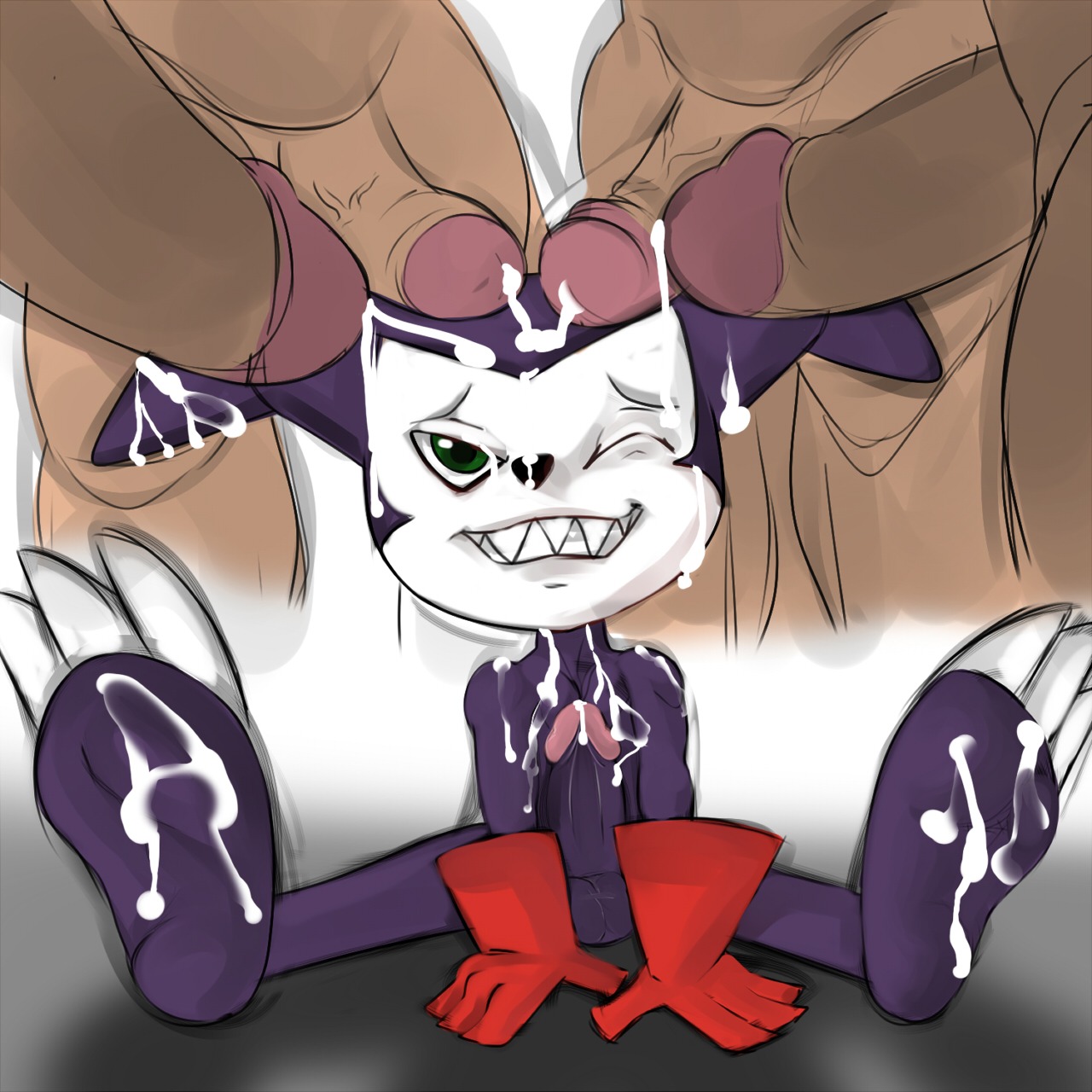 1:1 balls bandai_namco bodily_fluids bukkake cum cum_everywhere cum_on_chest cum_on_face cum_on_feet cum_on_head digimon digimon_(species) digiphilia e621 erection feet genital_fluids genitals group hi_res human humanoid humanoid_genitalia humanoid_penis imp impmon interspecies jerseydevil male male/male mammal messy penis sex shortstack shortstack_male sitting spread_legs spreading vein veiny_penis young