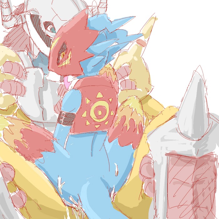 1:1 ambiguous_gender anthro armor bandai_namco blue_body blue_skin blush bodily_fluids breath cum cum_inside digimon digimon_(species) duo e621 flamedramon from_front_position furukara genital_fluids genitals male male/ambiguous mastery_position on_top panting penetration penis sex straddling tail tongue wargreymon