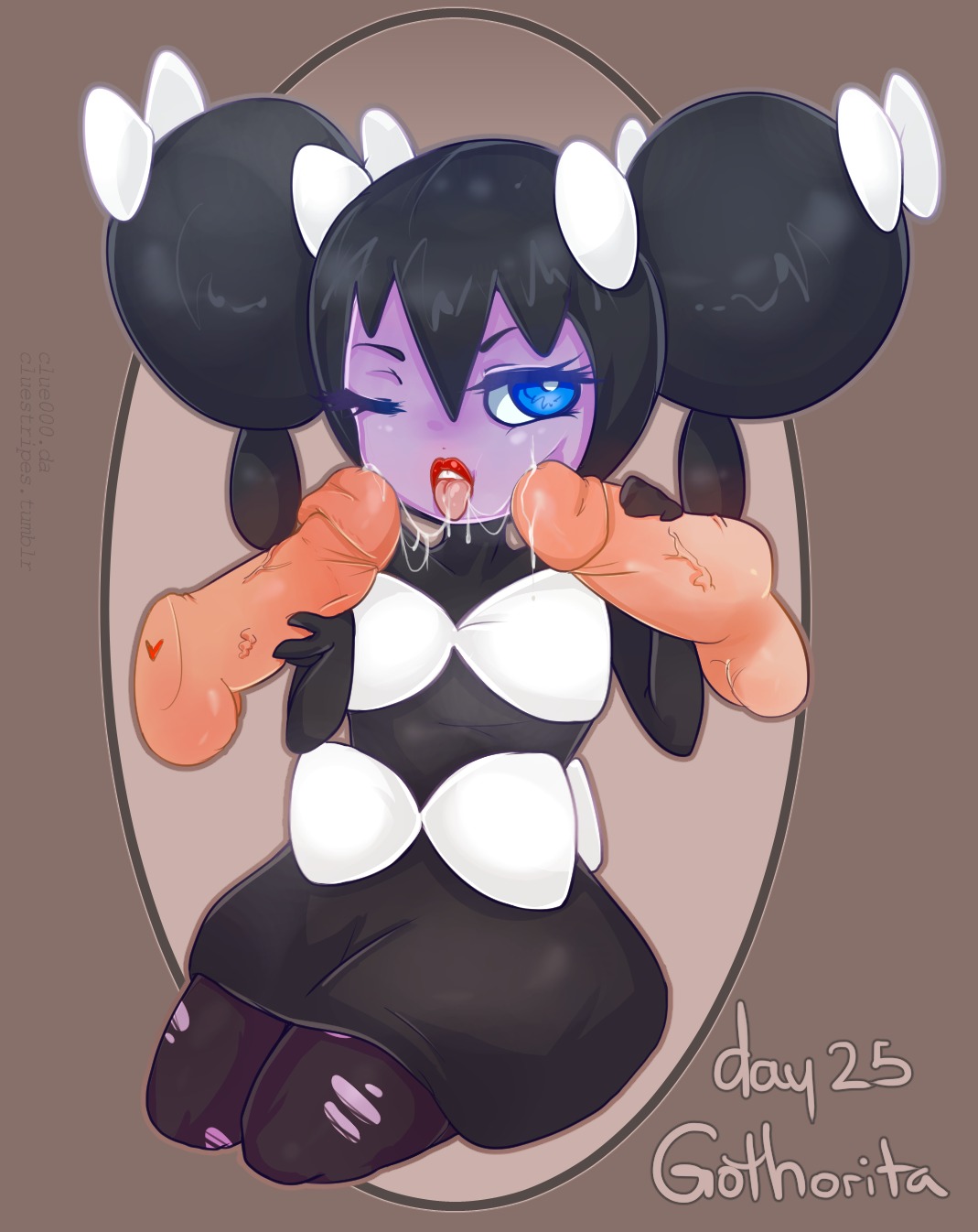 alternative_fashion balls blue_eyes bodily_fluids clothing clue_(artist) disembodied_penis double_handjob e621 erection female generation_5_pokemon genital_fluids genitals goth gothic_lolita gothorita group group_sex handjob hi_res humanoid humanoid_genitalia humanoid_penis j-fashion legwear lolita_(fashion) male male/female nintendo not_furry one_eye_closed penile penis pokemon pokemon_(species) precum sex solo_focus stockings threesome tongue tongue_out torn_clothing torn_legwear torn_stockings trio vein victorian_goth