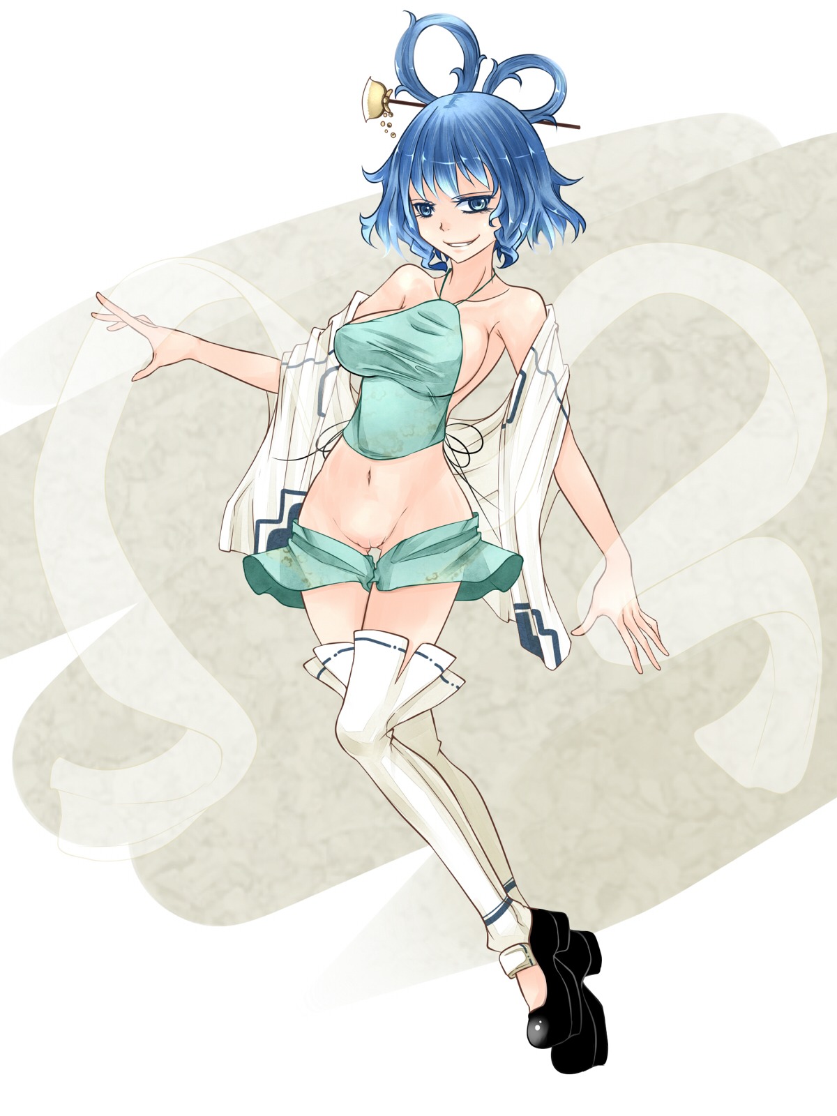 1girls adapted_costume aoshima bare_shoulders blue_eyes blue_hair breasts female hair_ornament hair_rings hair_stick highres pussy rule34 seiga_kaku shawl short_hair smile solo touhou white_legwear