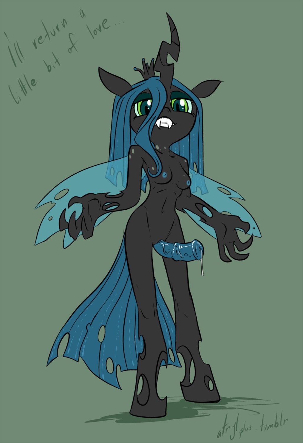 2012 anthro anthrofied arthropod atryl bodily_fluids breasts changeling_(mlp) digital_media_(artwork) e621 erection friendship_is_magic genital_fluids genitals green_eyes gynomorph hasbro hi_res insect_wings intersex looking_at_viewer my_little_pony nude penis precum queen_chrysalis_(mlp) sackless solo tail wings
