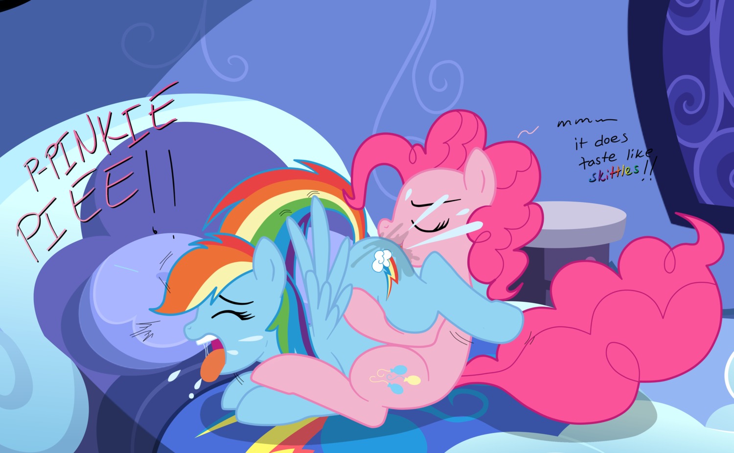 2013 absurd_res bed bedroom blue_body blue_feathers blue_fur bodily_fluids cunnilingus cutie_mark dialogue duo e621 earth_pony ejaculation english_text equid equine eyes_closed feathered_wings feathers female female/female feral feral_on_feral friendship_is_magic fur furniture genital_fluids hair hasbro hi_res horse inside mammal metalsnake multicolored_hair my_little_pony mythological_creature mythological_equine mythology open_mouth oral orgasm pegasus pink_body pink_fur pink_hair pinkie_pie_(mlp) pony rainbow_dash_(mlp) rainbow_hair sex tail text tongue vaginal vaginal_fluids vaginal_squirting wings