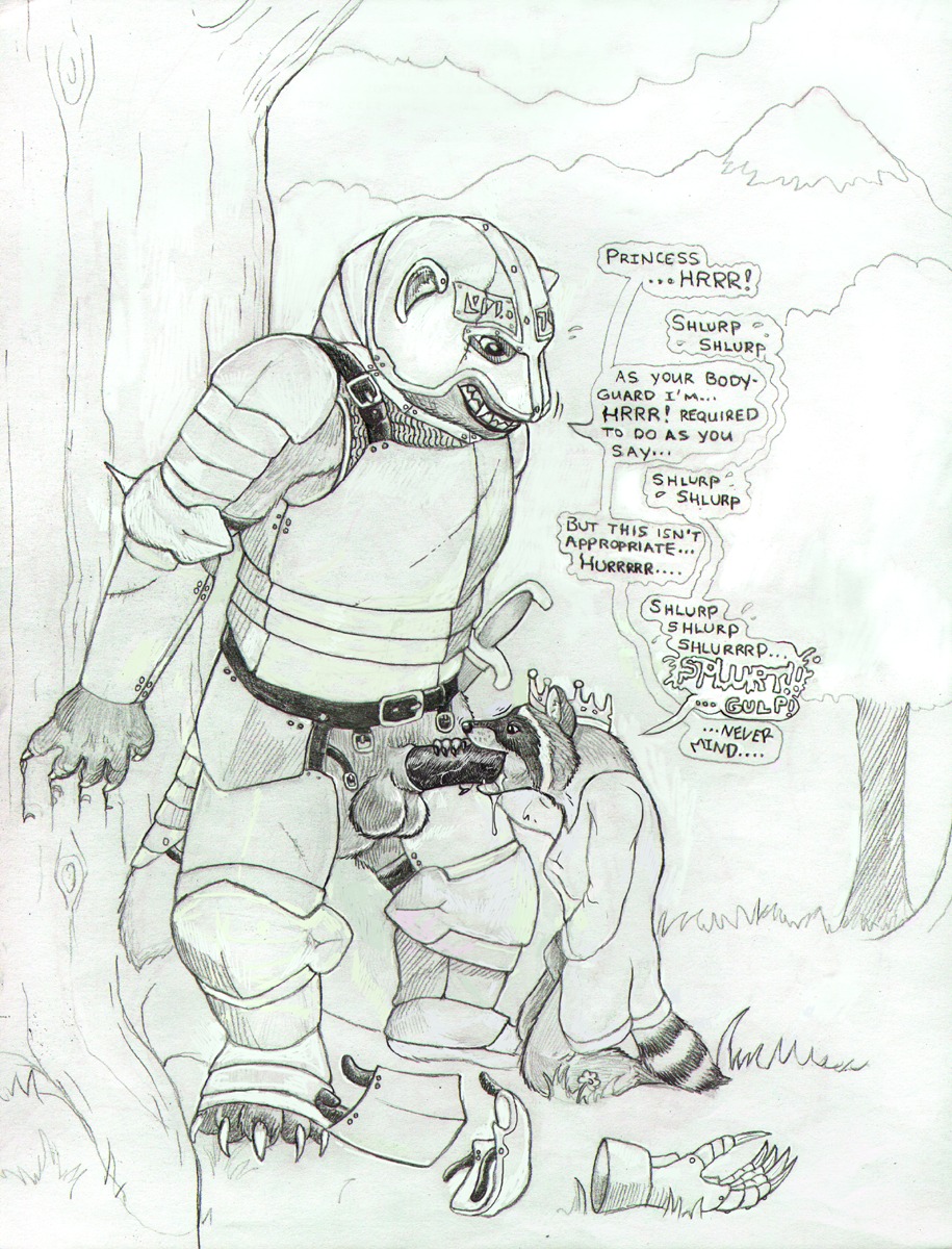 anthro armor balls claws clenched_teeth clothing cosplay dialogue duo e621 english_text erection fellatio female female_penetrated forced genitals graphite_(artwork) greyscale gulonine hi_res male male/female male_penetrating male_penetrating_female mammal monochrome mustelid musteline oral oral_penetration outside penetration penile penis plantigrade procyonid raccoon sex sound_effects strega teeth text traditional_media_(artwork) uniform unprofessional_behavior wolverine