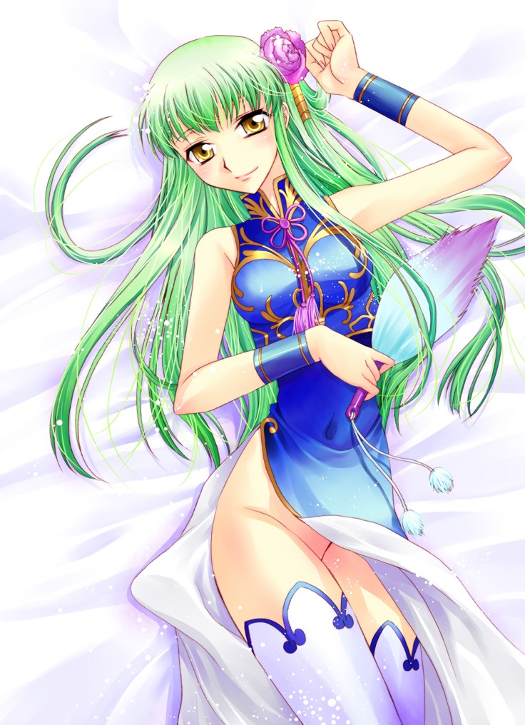 1girls asano_(asano_peachpink) asano_akira bare_shoulders bed blush breasts c.c. china_dress chinese_clothes code_geass dress fan female green_hair hair_ornament leg_slit long_hair lying mound_of_venus no_panties no_pussy rule34 side_slit smile solo thighhighs yellow_eyes