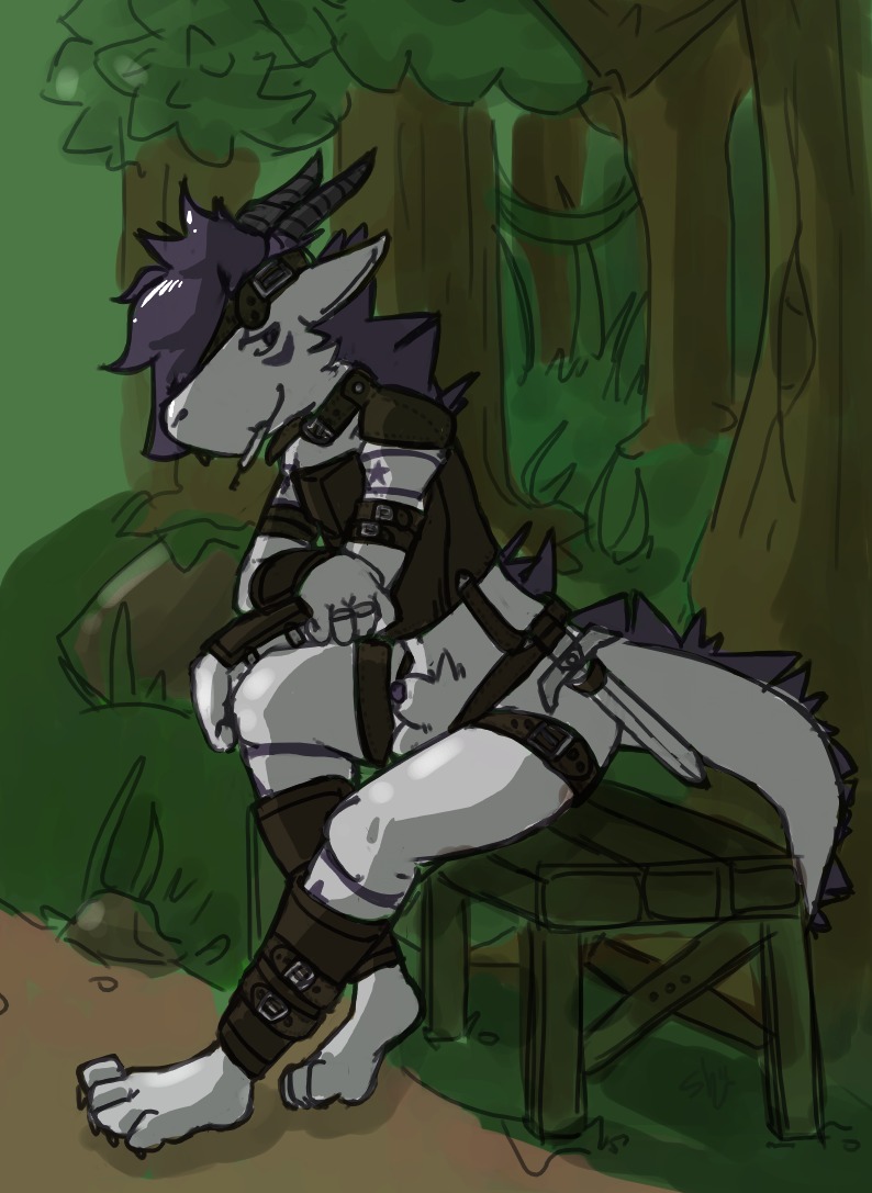 aether_fang animal_genitalia armor bench bottomless clothed clothing dagger dragon e621 genitals leather male melee_weapon mythological_creature mythological_scalie mythology on_bench outside park penis penis_tip scalie sheath shugowah solo tail weapon