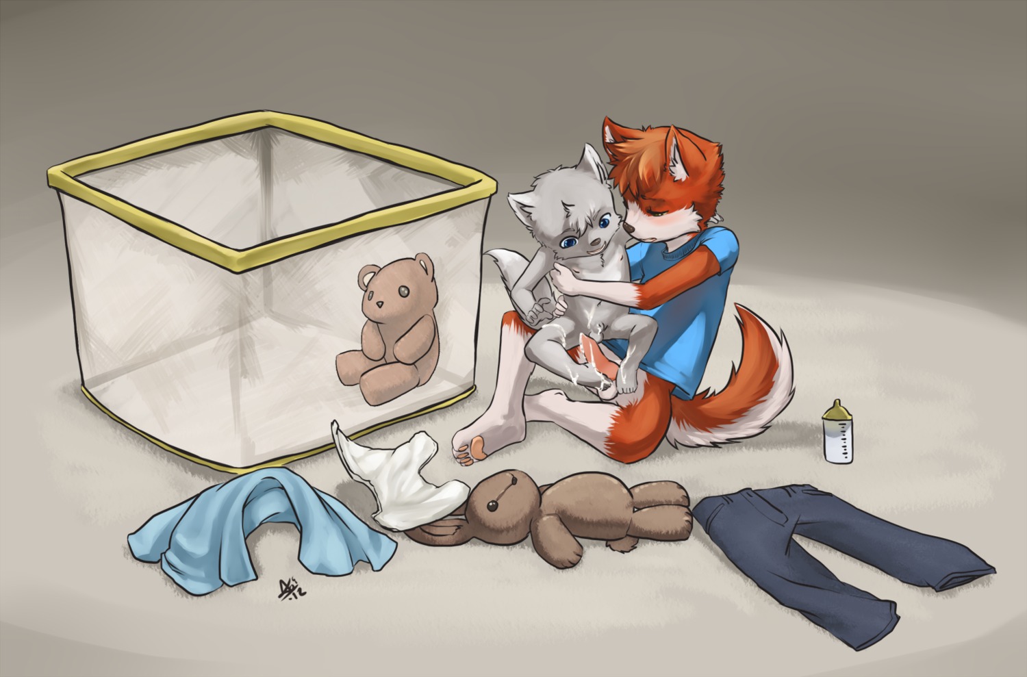 2012 after_sex age_difference akita animal_genitalia animal_penis anthro aogami balls blue_eyes blush bottle canid canine canine_genitalia canine_penis canis child_on_baby clean_diaper clothing container diaper domestic_dog duo e621 entih feet flaccid foot_fetish foot_play footjob fully_sheathed genitals kaoru_(kitaness) knot larger_male male male/male mammal milk neonate penile penis playpen plushie sex sheath size_difference smaller_male spitz tail teddy_bear toddler two-footed_footjob wolf young young_anthro young_male young_on_young