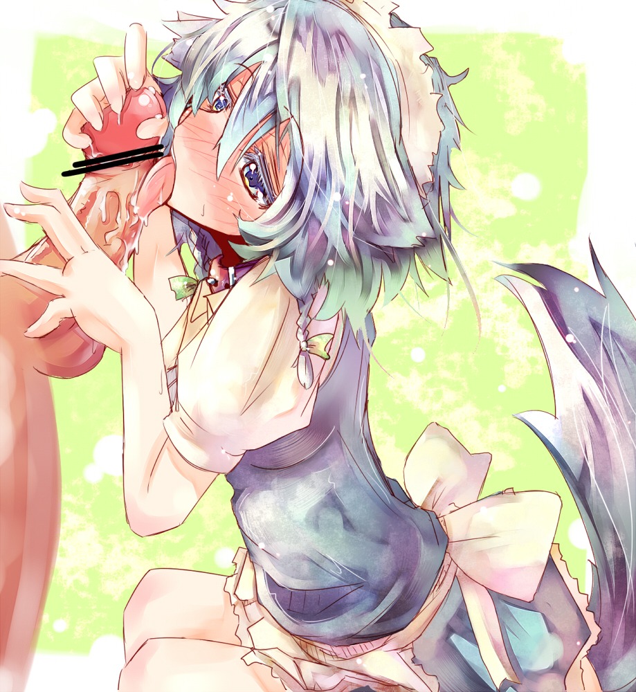 blue_eyes blush braid censored dog_ear dog_tail fellatio female fur inu_sakuya kemonomimi_mode licking maid male oral penis pointless_censoring rule34 sakuya_izayoi tail tongue tora touhou twin_braids