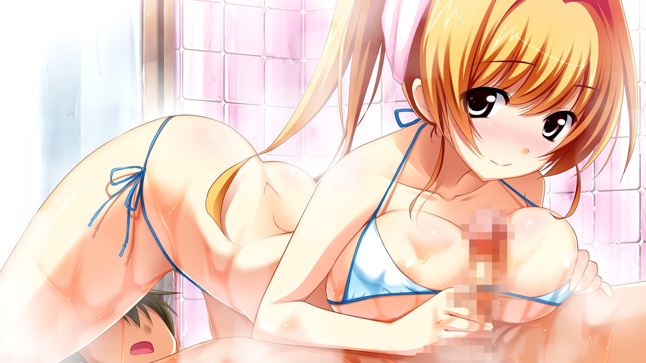 bikini censored female game_cg kinomoto_misaki male orange_hair panta penis renai_zero_kilometer rule34 swimsuit wet