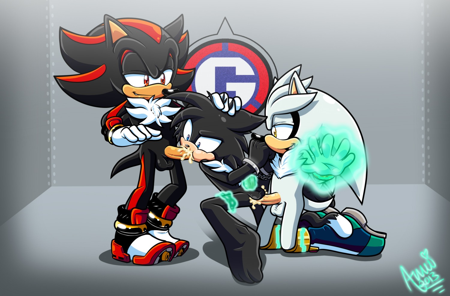 amuzoreh anal anal_penetration anthro balls barefoot black_body black_fur black_hair blue_eyes bodily_fluids clothing cuff_(restraint) cum cum_in_ass cum_in_mouth cum_inside e621 erection eulipotyphlan fan_character feet fellatio footwear forced forced_oral fur genital_fluids genitals group group_sex hair hand_on_head handcuffs hedgehog hi_res male male/male male_penetrated male_penetrating male_penetrating_male mammal metal_cuffs multicolored_hair nude oral oral_penetration orgasm penetration penile penis rape red_eyes restraints sega sex shackles shadow_the_hedgehog shoes silver_the_hedgehog smile sonic_the_hedgehog_(series) two_tone_hair white_hair yellow_eyes
