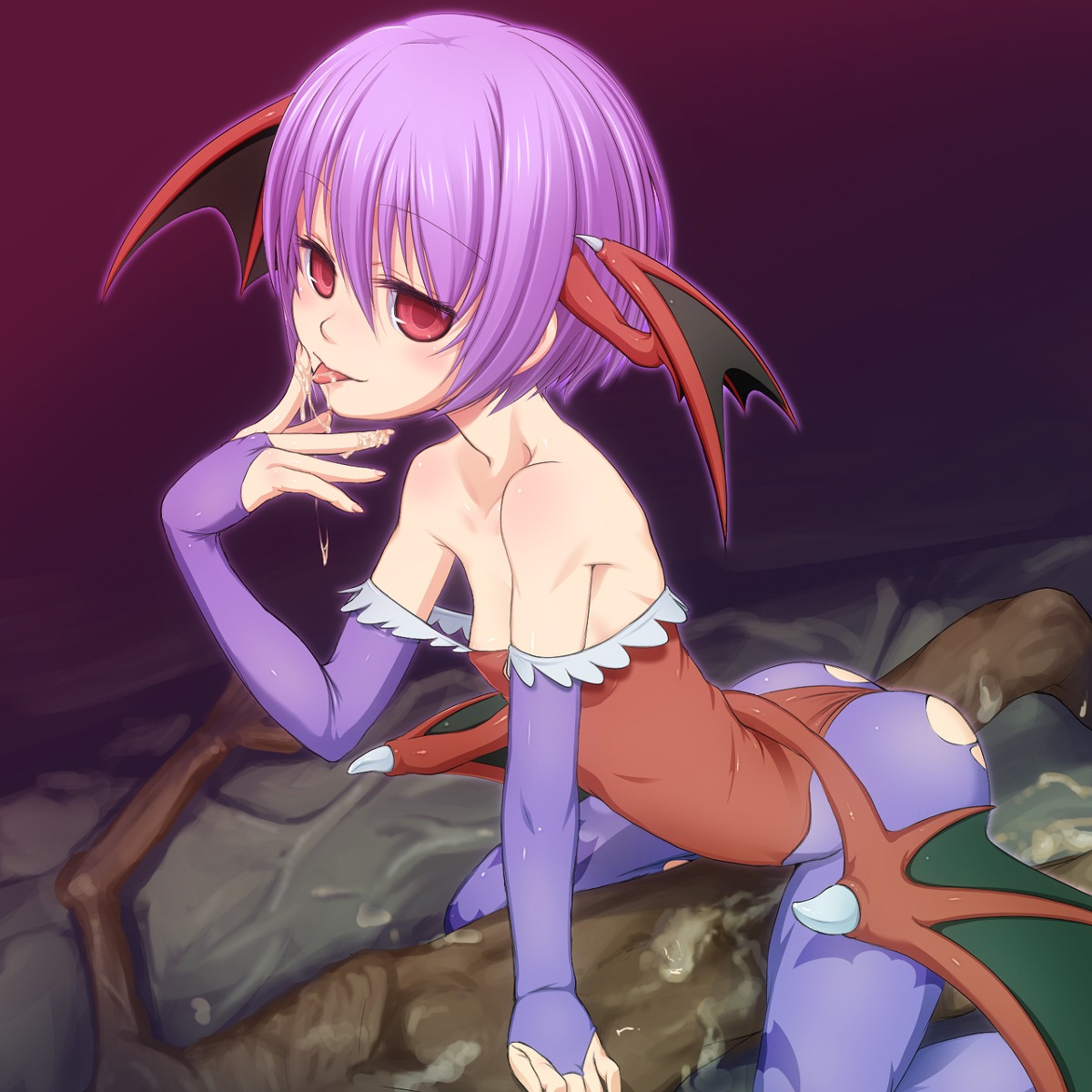 1girls capcom clothed_sex clothing cum darkstalkers demon female female_on_top flat_chest lilith_aensland rule34 succubus tagme takeda_yukimura tongue tongue_out torn_clothes