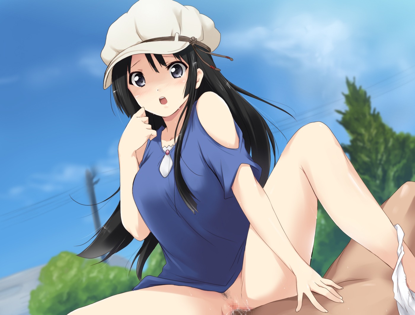 black_hair blue_eyes censored clothed_female_nude_male clothed_sex cowgirl_position female human human_only k-on! long_hair male mio_akiyama_(k-on!) panties panties_around_leg pubic_hair pussy rule34 sex spread_legs straight tagme