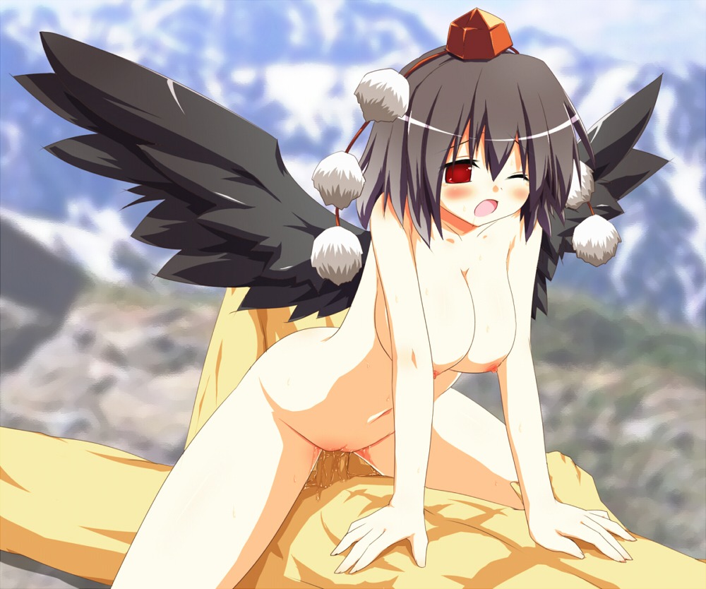 blush breasts chikyuujin_a cleavage cowgirl_position female hat large_breasts male nipples nude open_mouth partial_male penis pussy red_eyes rule34 saliva sex shameimaru_aya straddle straight sweat tokin_hat touhou uncensored vaginal_penetration wince wings