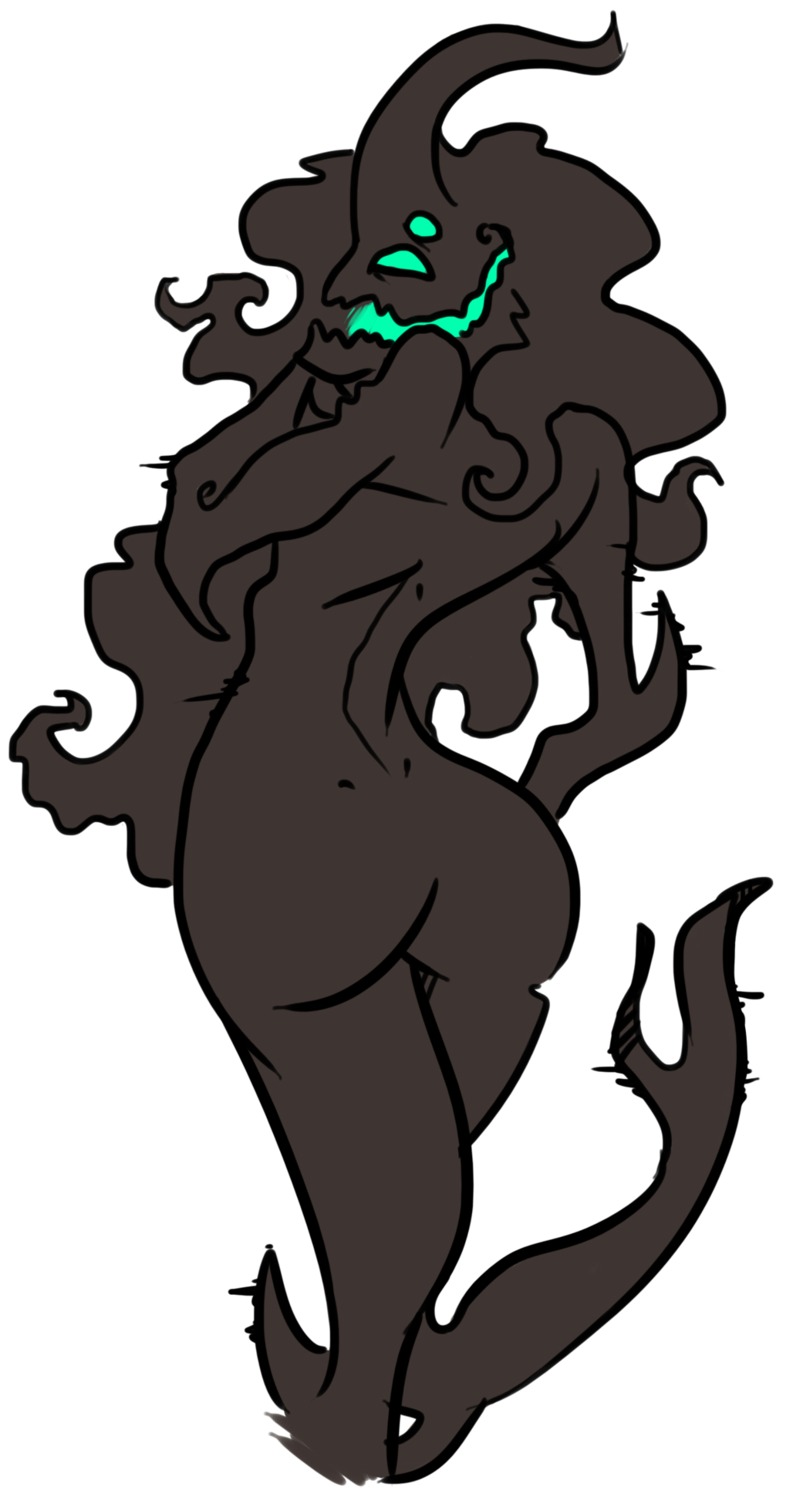 black_body butt demon e621 female ghost green_eyes hi_res jureill looking_at_viewer multi_eye not_furry nude predatorspet simple_background solo spirit