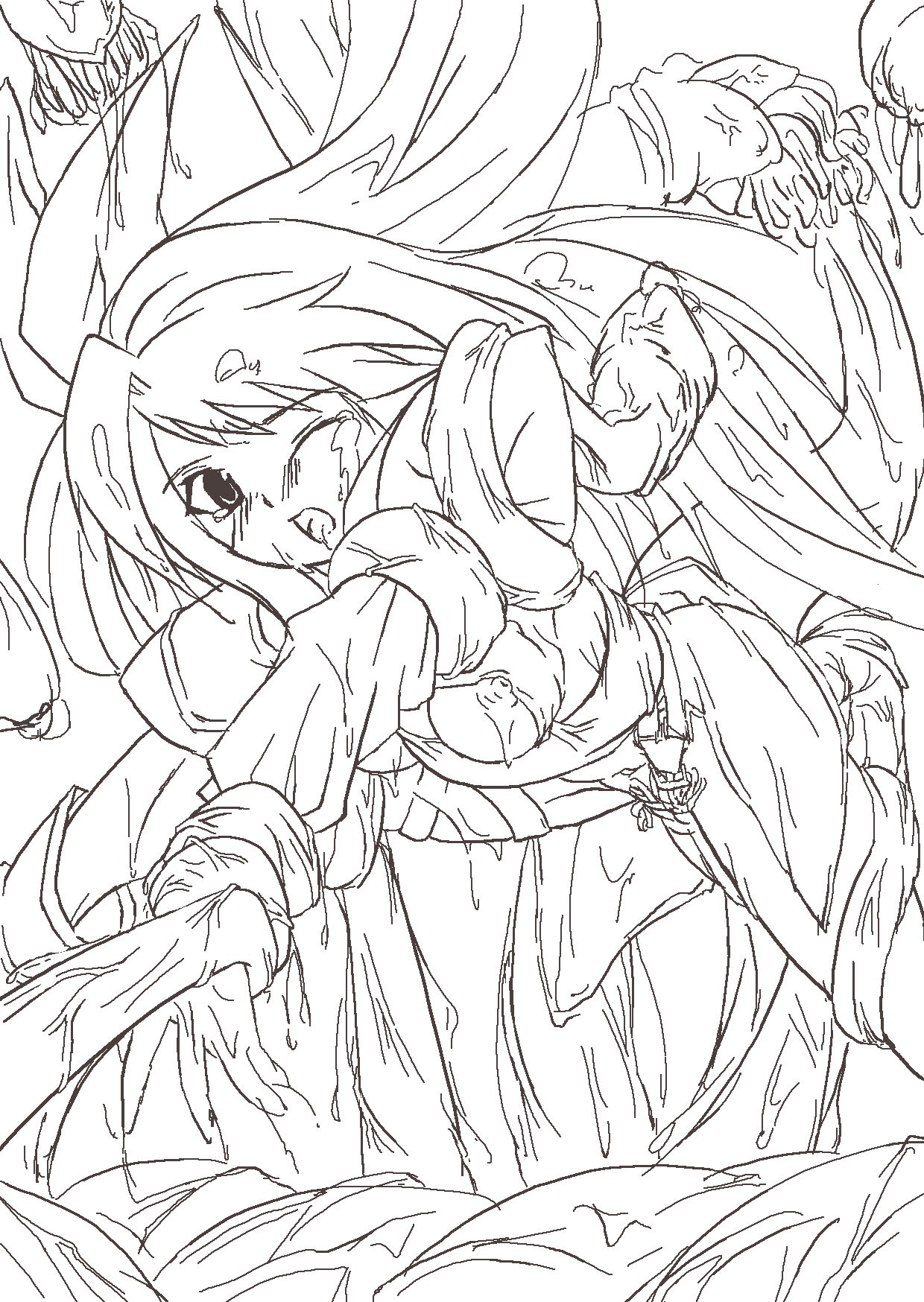 blush breasts dizzy_(guilty_gear) female guilty_gear large_breasts long_hair monochrome open_mouth rule34 tentacle tentacle_around_wrist wink