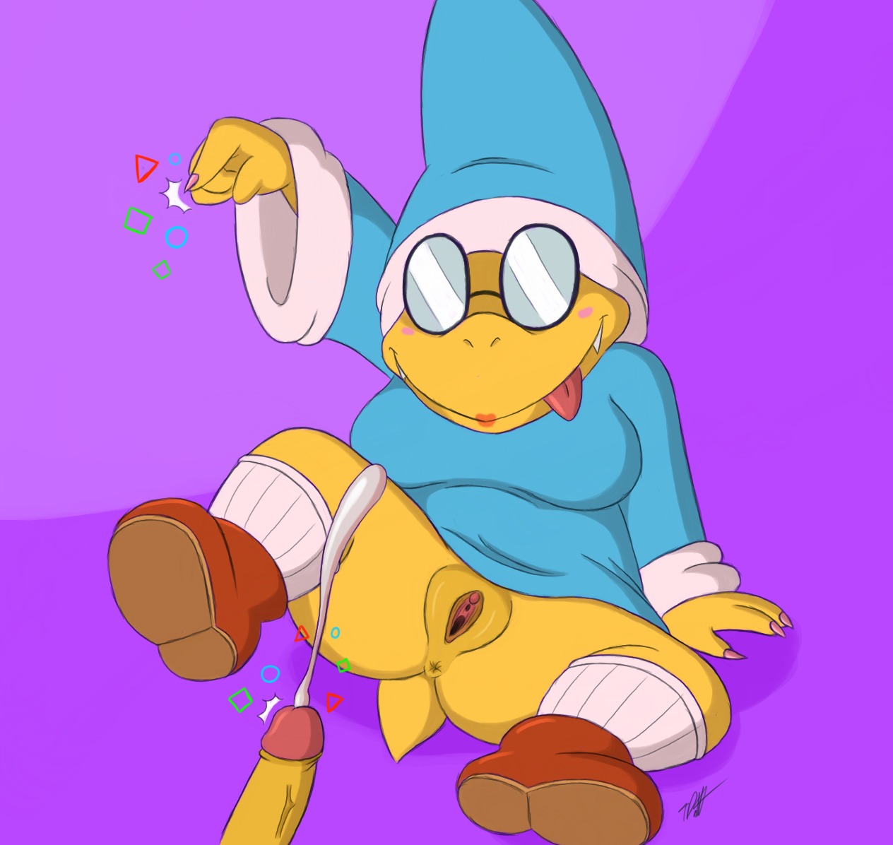 2014 anthro anus blush bodily_fluids breasts clothed clothing cum cumshot duo e621 ejaculation erection eyewear fangs female female_focus footwear genital_fluids genitals glasses happy humanoid_genitalia humanoid_penis koopa legwear lipstick magic magikoopa makeup male male/female mario_bros nintendo non-mammal_breasts orgasm partially_clothed penis robe scalie sharp_teeth shoes smile socks solo_focus spread_legs spreading teeth timoteihiv tongue tongue_out vulva