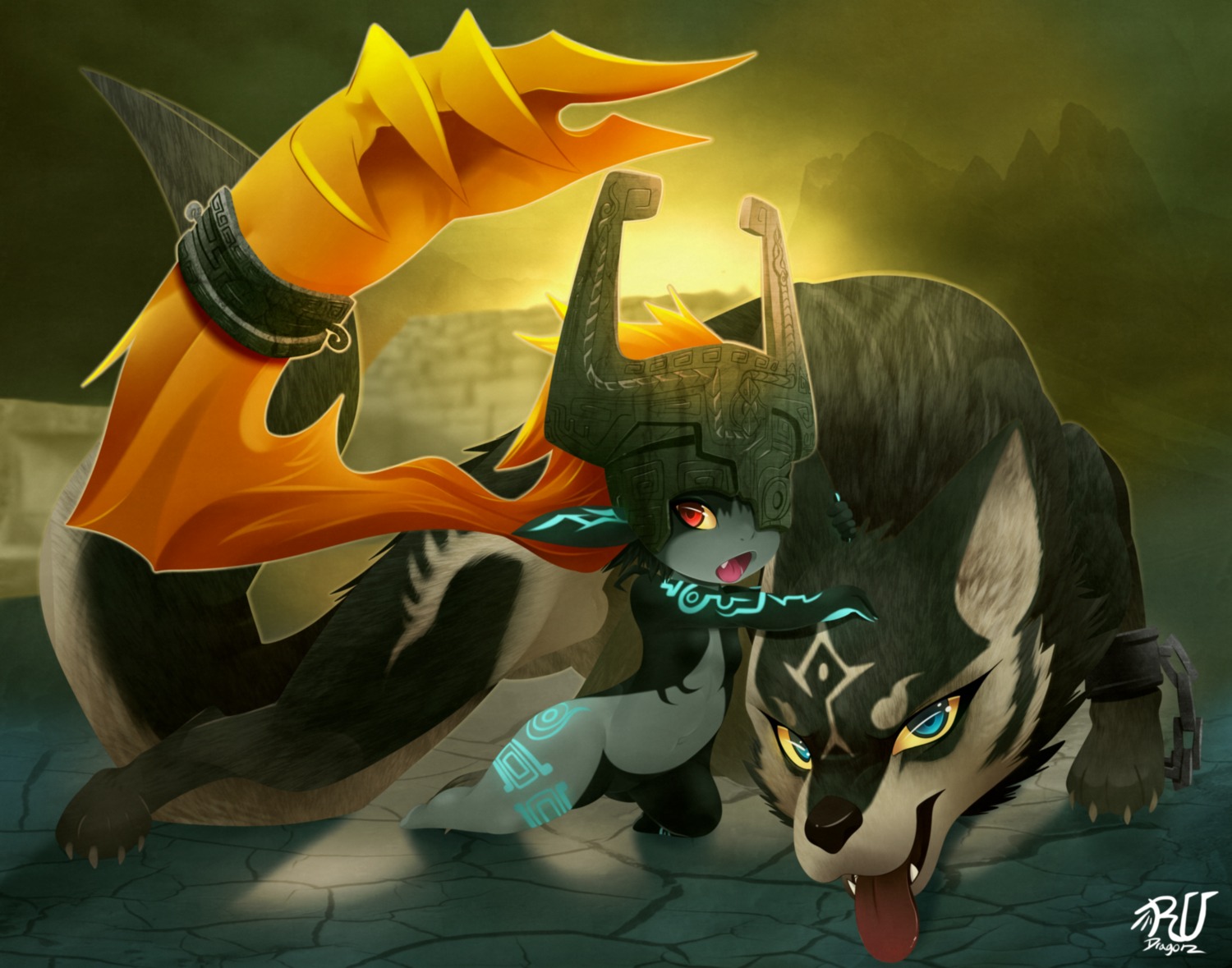 absurd_res animal_genitalia armor blue_eyes canid canine canis chain duo e621 female feral fully_sheathed genitals glowing glowing_markings hair hair_hand headgear helmet hi_res humanoid link_(wolf_form) looking_at_viewer male mammal markings midna nintendo orange_hair prehensile_hair red_eyes rudragon sheath size_difference tail the_legend_of_zelda tongue tongue_out twili twilight_princess wolf