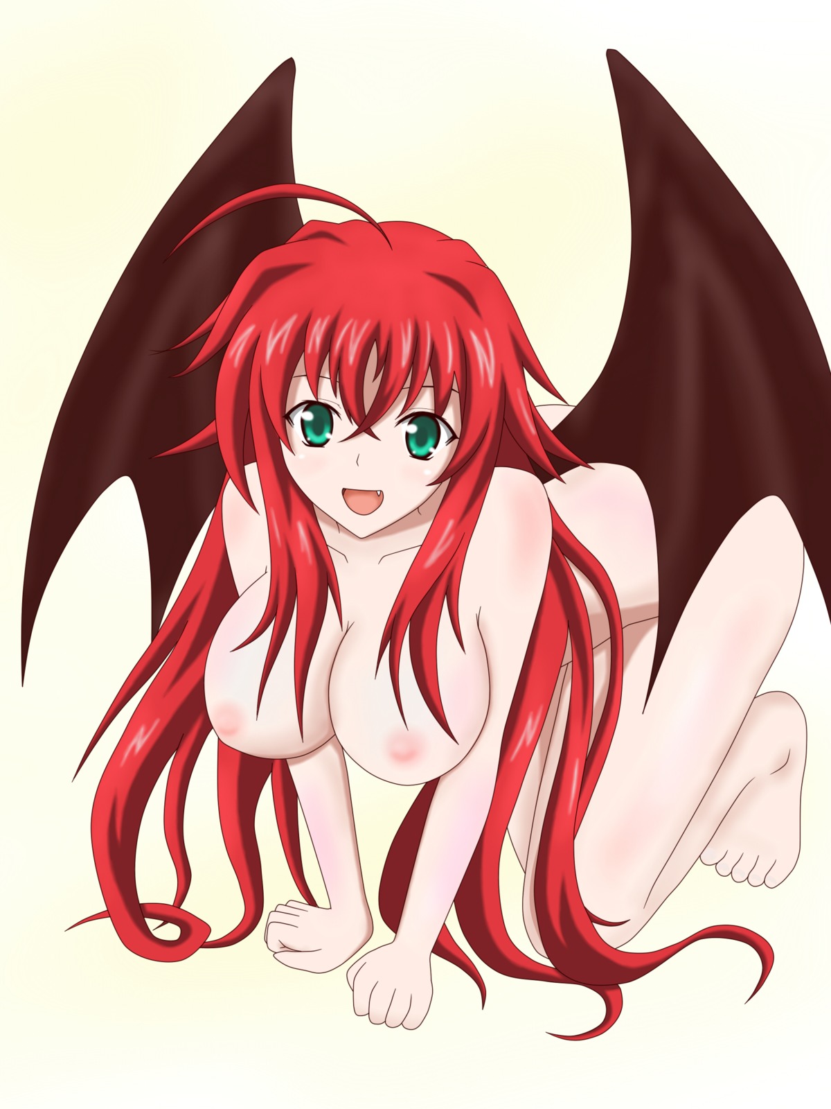 1girls all_fours artist_request blue_eyes breasts cartoony female female_only high_resolution high_school_dxd large_breasts nipples nude red_hair rias_gremory rule34 smile solo wings