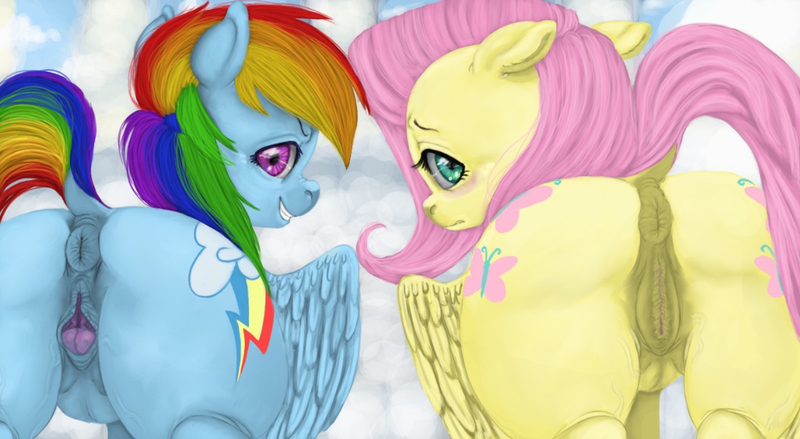 2013 anatomically_correct anatomically_correct_genitalia anatomically_correct_vulva animal_genitalia animal_vulva anus blue_body blue_feathers blue_fur blush butt clitoral_winking clitoris colorlesscupcake cutie_mark duo e621 equid equine equine_genitalia equine_vulva feathered_wings feathers female feral fluttershy_(mlp) friendship_is_magic fur genitals hair hasbro looking_at_viewer looking_back mammal multicolored_hair multicolored_tail my_little_pony mythological_creature mythological_equine mythology outside pegasus pink_hair presenting puffy_anus purple_eyes rainbow_dash_(mlp) rainbow_hair rainbow_tail raised_tail smile tail teats vein vulva wings yellow_body yellow_feathers yellow_fur