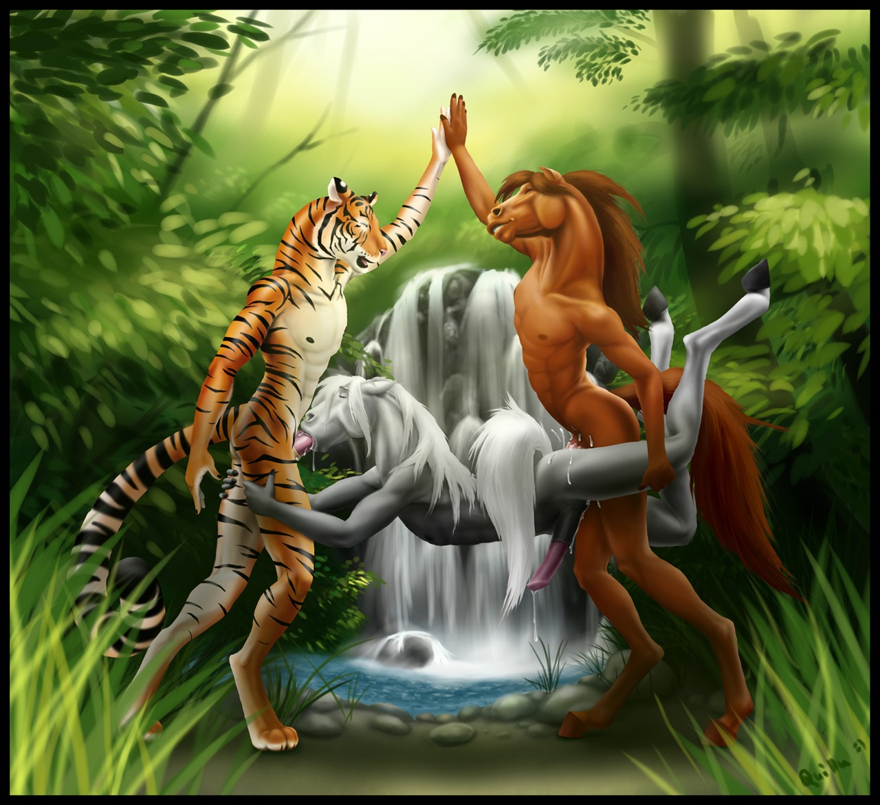 2010 abs anal anal_penetration animal_genitalia animal_penis anthro anthro_on_anthro black_border bodily_fluids border brown_hair cum cum_string detailed_background digital_media_(artwork) digitigrade dripping e621 eiffel_tower_position equid equine equine_genitalia equine_penis erection eyes_closed felid fellatio genital_fluids genitals gesture grass group group_sex hair high_five hooves horse interspecies male male/male male_penetrated male_penetrating male_penetrating_male mammal nature oral oral_penetration outside pantherine penetration penile penile_penetration penis plant predator/prey quillu sex spitroast suspended_by_penis suspended_via_penetration tail threesome tiger tree trio unguligrade water waterfall wet white_hair wood