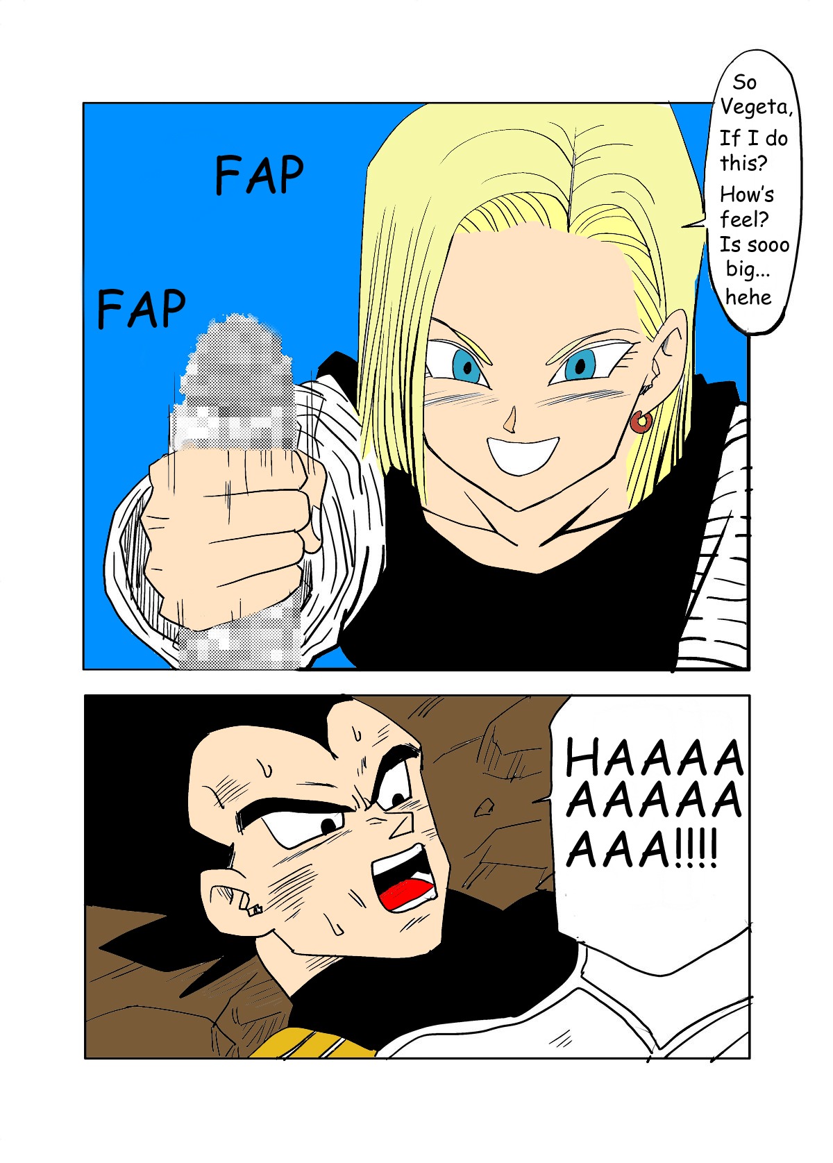 android_18 blonde_female censored domination dragon_ball dragon_ball_z female femdom handjob male rape rule34 smile speech_bubble straight tagme text vegeta