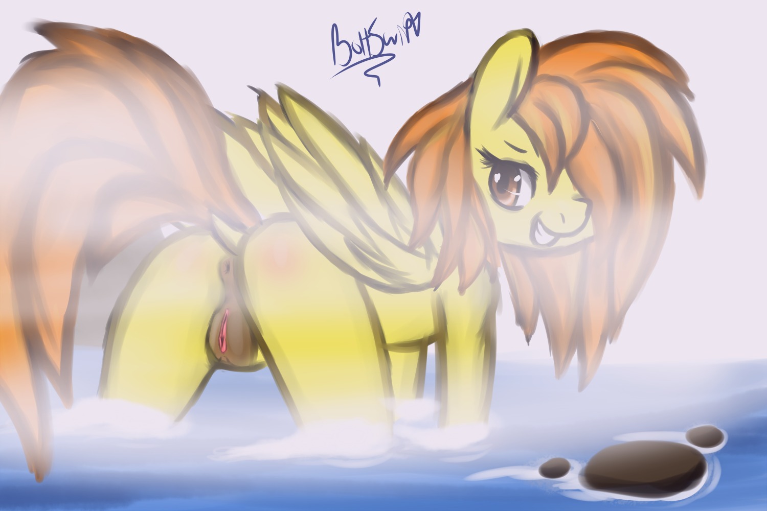 3:2 anus boltswift butt e621 equid equine feathered_wings feathers female feral friendship_is_magic genitals hasbro hot_spring mammal my_little_pony mythological_creature mythological_equine mythology pegasus smile solo spitfire_(mlp) vulva water wings wonderbolts_(mlp) yellow_body yellow_feathers