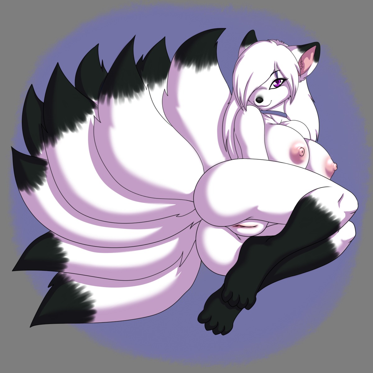1:1 abstract_background alpha_channel anthro breasts butt canid canine e621 female fox genitals hair hair_over_eye hi_res looking_at_viewer mammal multi_tail nipples nude one_eye_obstructed presenting presenting_hindquarters shiori_shi simple_background skidd solo tail vulva