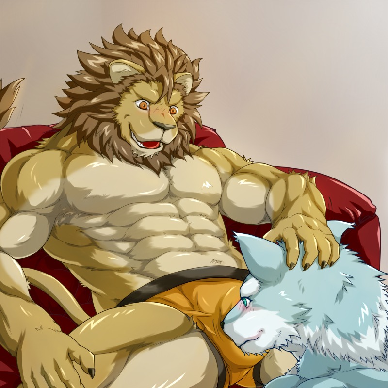 1:1 2013 5_fingers abs anthro athletic biceps big_muscles black_nose blue_body blue_eyes blue_fur blue_hair blush briefs brown_body brown_fur brown_hair bulge canid canine canis chair claws clothed clothing duo e621 fangs felid fingers fur furniture grin hair hand_on_head happy inside interspecies kneeling lion looking_at_another male male/male mammal muscular muscular_male open_mouth orange_clothing orange_eyes orange_underwear pantherine pecs pose recliner sitting smile sofa tail tan_body tan_fur teeth tongue topless underwear white_body white_fur white_hair wildheit wolf 蒼梧