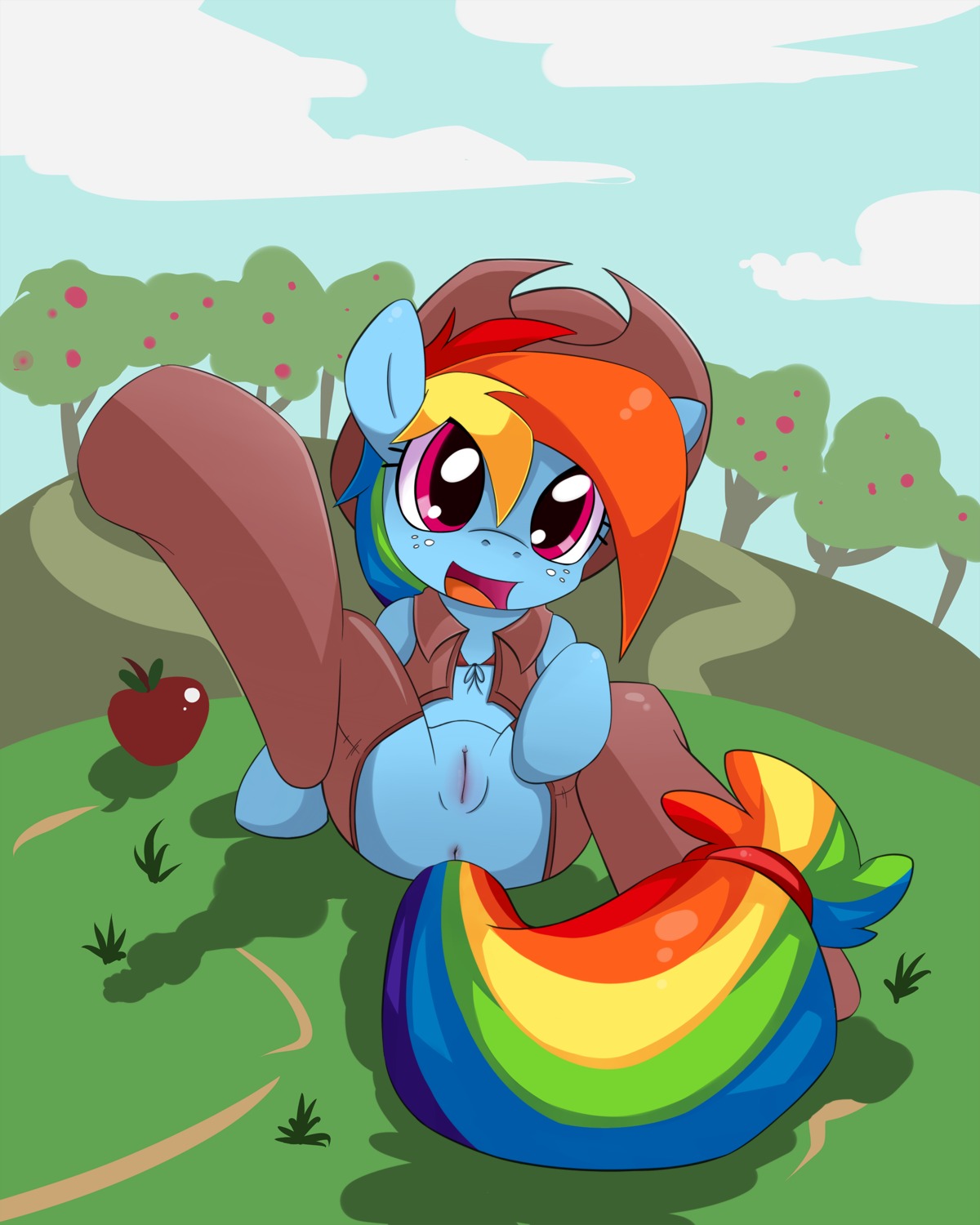2012 4:5 absurd_res anus apple arm_support blue_body blue_fur butt chaps clothing cowboy_hat e621 equid equine female feral food friendship_is_magic fruit fur genitals grass grumblepluck hair hasbro hat headgear headwear hi_res horse looking_at_viewer lying mammal multicolored_hair multicolored_tail my_little_pony on_back open_mouth outside plant pony presenting presenting_hindquarters purple_eyes rainbow_dash_(mlp) rainbow_hair rainbow_tail smile solo spread_legs spreading tail tree vulva wood