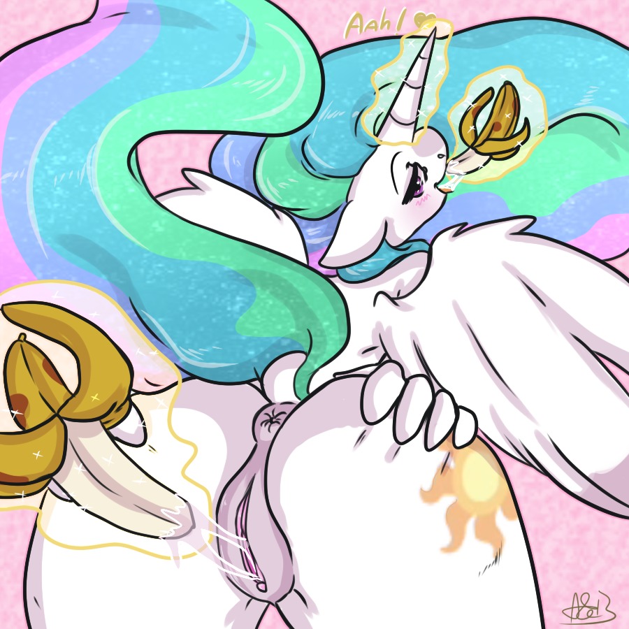 1:1 2013 anthro anthrofied anus banana biped blush cutie_mark digital_media_(artwork) e621 equid equine feathered_wings feathers female food food_fetish food_insertion food_play friendship_is_magic fruit fur geeflakes genitals hair hasbro horn improvised_dildo improvised_sex_toy magic mammal multicolored_hair my_little_pony mythological_creature mythological_equine mythology oral plant princess_celestia_(mlp) purple_eyes solo text vulva white_body white_feathers white_fur winged_unicorn wings