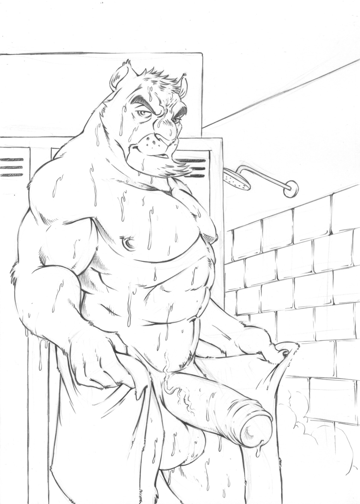 2014 abs anthro balls big_balls big_penis e621 erection felid foreskin furryrevolution genitals grin hi_res humanoid_genitalia humanoid_penis looking_at_viewer male mammal monochrome muscular muscular_anthro muscular_male nipples partially_retracted_foreskin pecs penis shower shower_head smile solo towel wet