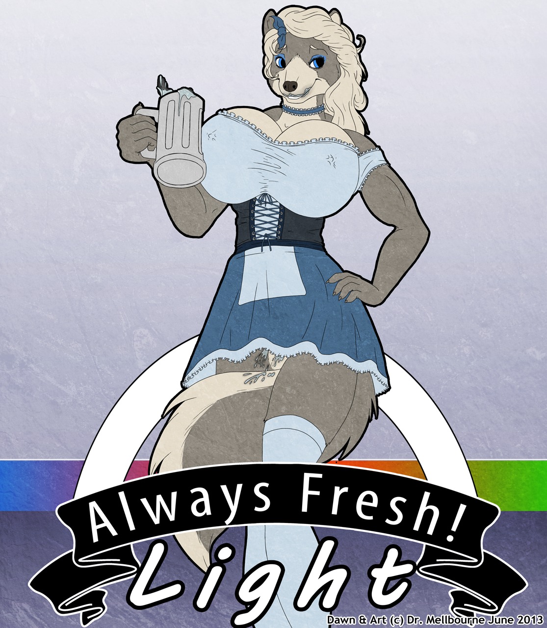 2013 anthro beer_mug beverage big_breasts biped blonde_hair blue_eyes bodily_fluids bottomwear breasts canid canine canis cleavage clothed clothing corset cum cum_on_leg cum_on_tail dress drmellbourne e621 english_text eyeshadow female fluffy fluffy_tail food fur genital_fluids grey_body grey_fur hair hand_on_hip hi_res holding_object legwear lingerie long_hair makeup mammal multicolored_body multicolored_fur nipples skirt smile solo standing stockings tail tail_between_legs text topwear two_tone_body two_tone_fur white_body white_fur wolf