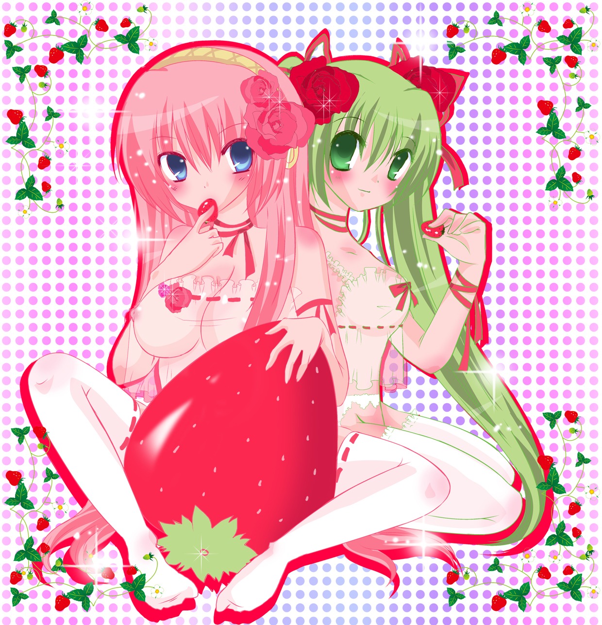 2girls blue_eyes blush breasts camisole erika_(pixiv101500) female female_only flower food fruit green_eyes green_hair hair_flower hair_ornament hatsune_miku highres holding_food large_breasts long_hair luka_megurine medium_breasts megurine_luka multiple_females multiple_girls nipples pink_hair ragho_no_erika ribbon ribbons rose roses rule34 see-through sitting strawberries strawberry thighhighs twintails very_long_hair vocaloid