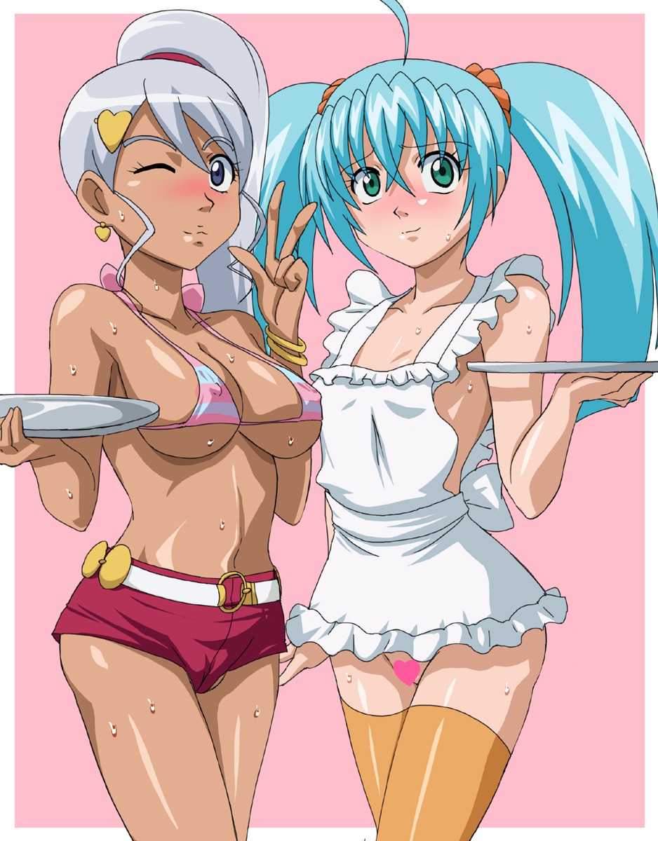 2girls apron bakugan bakugan_battle_brawlers bikini_top blue_eyes blush censored chocolate_and_vanilla dark_skin erect_nipples female green_eyes highres julie_makimoto legwear long_hair multiple_females multiple_girls naked_apron nipples rule34 runo_misaki shorts silver_hair smile stockings thighhighs tied_hair twintails wink