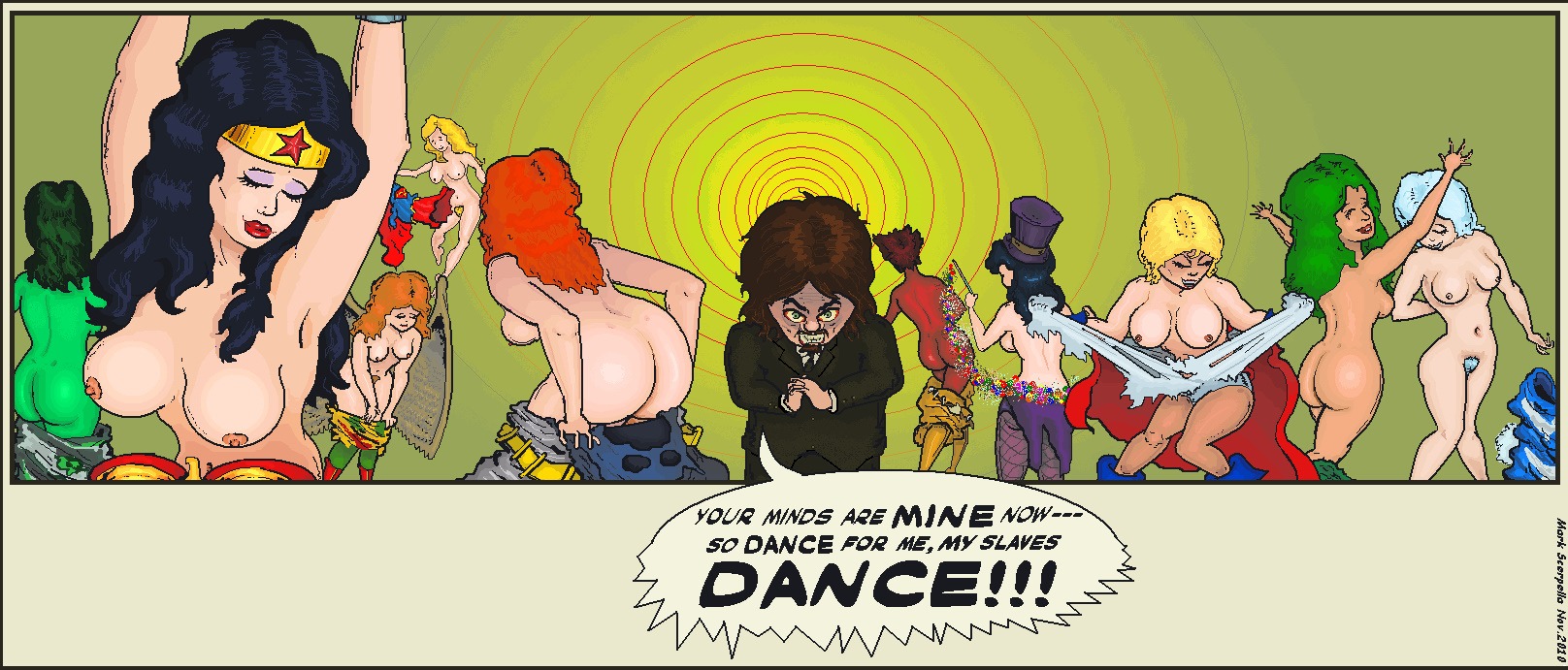 1boy 2d 6+girls 9girls barbara_gordon batgirl batman_(series) beatriz_da_costa big_breasts breasts dancing dark-skinned_female dark_skin dc dc_comics dialogue doctor_psycho female fire_(dc) green-skinned_female green_lantern green_lantern_corps green_skin hawkgirl hypnosis hypnotized ice_(dc) jade_(dc) justice_league justice_league_international kara_danvers kara_zor-el kara_zor-l karen_starr male mark_scerpella mind_control multiple_females multiple_girls nipples outsiders power_girl pubic_hair ripping_clothing rule34 speech_bubble straight_hair supergirl superman_(series) tora_olafsdotter undressing vixen_(dc) wonder_woman wonder_woman_(series) zatanna zatanna_zatara